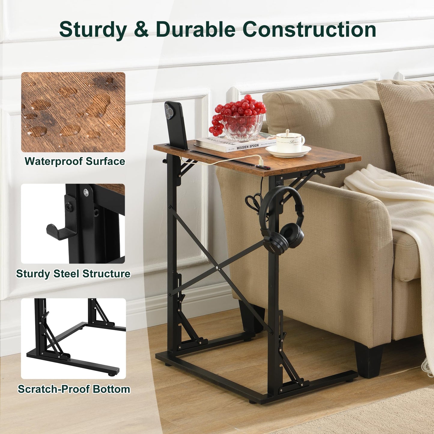 GugiNest 21''Wx28''H Folding TV Tray, Small C-Shaped End Table with Devices Slots and USB Charging Station, Slide Under Couch Side Table for Living Room, Bedroom, Rustic Brown