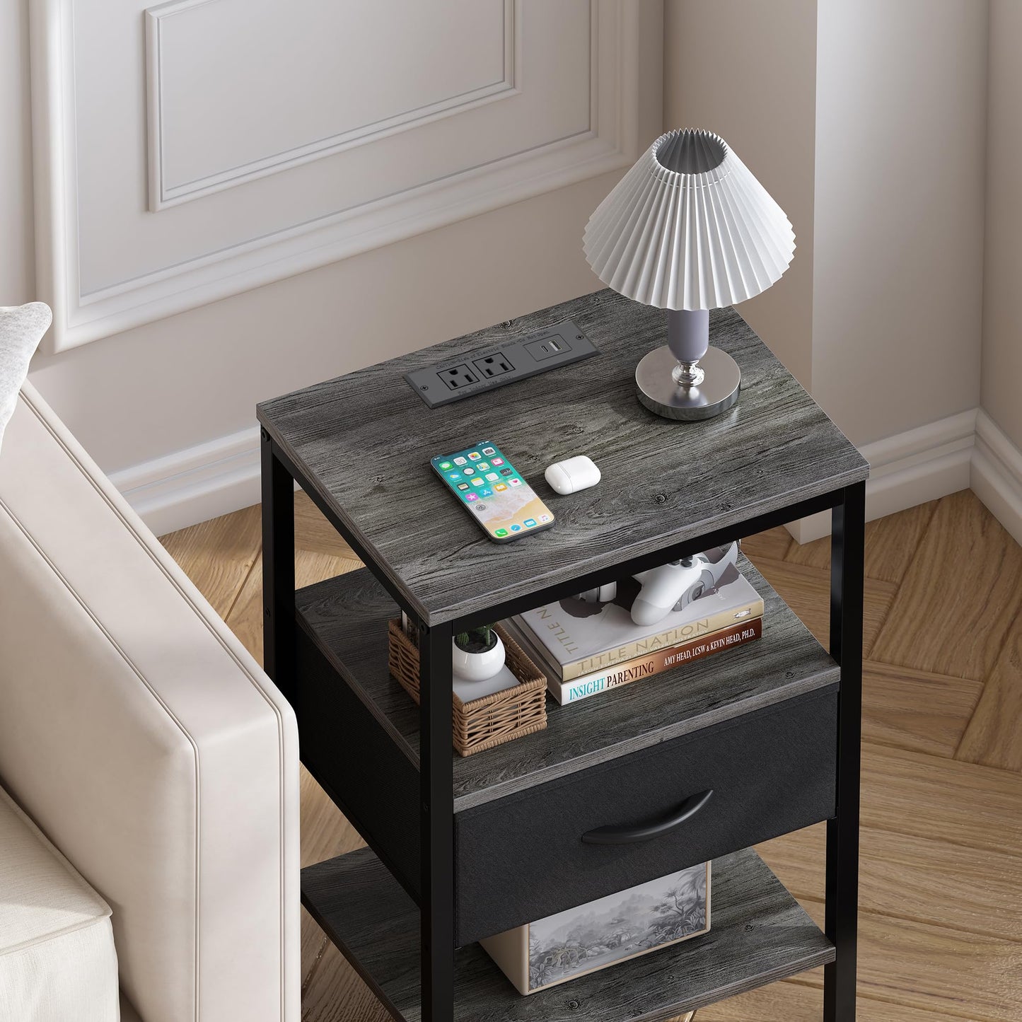 SUPERJARE Nightstand with Charging Station, Bed Side Table with Adjustable Fabric Drawer, Night Stand for Bedroom, 3-Tier Storage End Table, for Living Room, Charcoal Gray