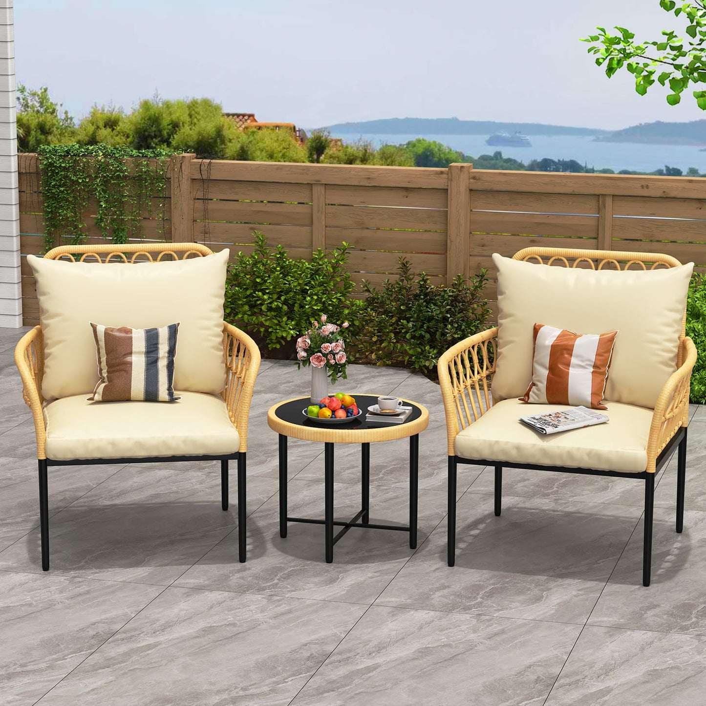Garvee Bistro Set 3-Piece, Patio Conversation Set, All-Weather Wicker Outdoor Sectional Furniture Chairs with Table & Cushions Beige for Garden Patio Deck