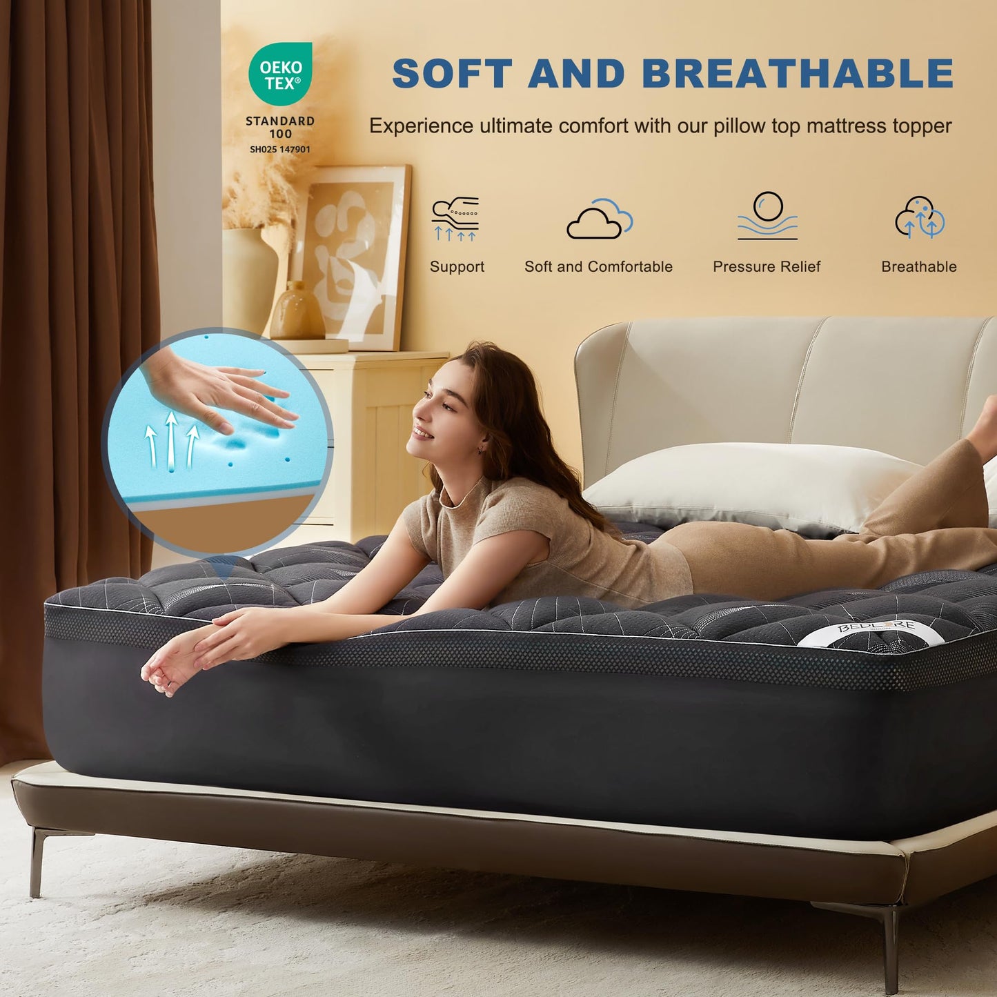 Bedlore 4-Inch Queen Mattress Topper for Back Pain - Dual Layer Medium Support (2" Gel Memory Foam + 2" Cooling Fluffy Pillow Top Pad), Breathable & Pressure Relief (Gray)