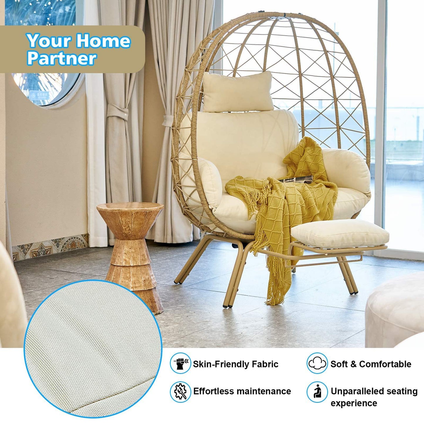 Outlux Wicker Egg Chair with Cushion & Footrest - Oversized 450lb Capacity Boho Hanging Chair for Indoor/Outdoor - Beige Rattan Lounge Seat for Patio, Balcony, Garden, Home
