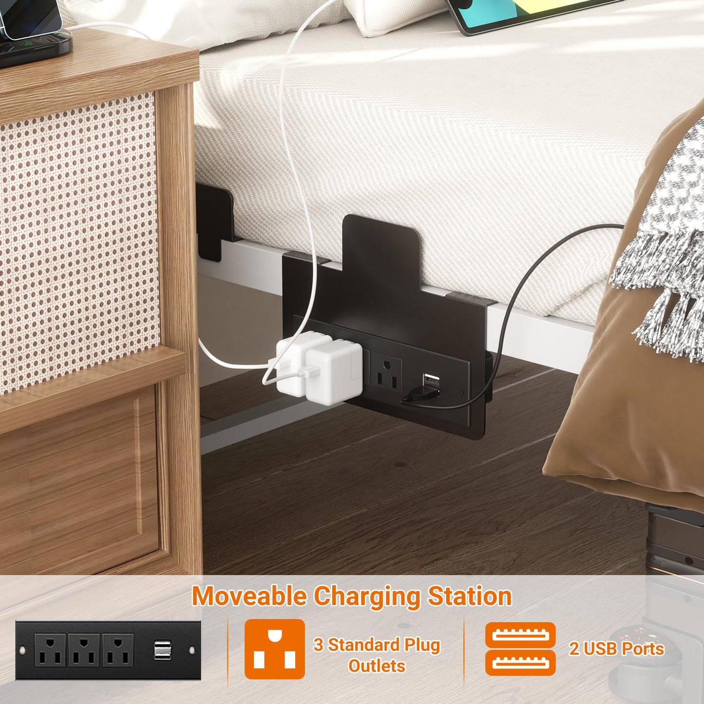 Cyclysio King Metal Bed Frame with Headboard, King Size Bed Frame with Charging Station and LED Lights, Height Adjustable PU Leather Headboard, Strong Metal Slats Support, No Box Spring Needed, White
