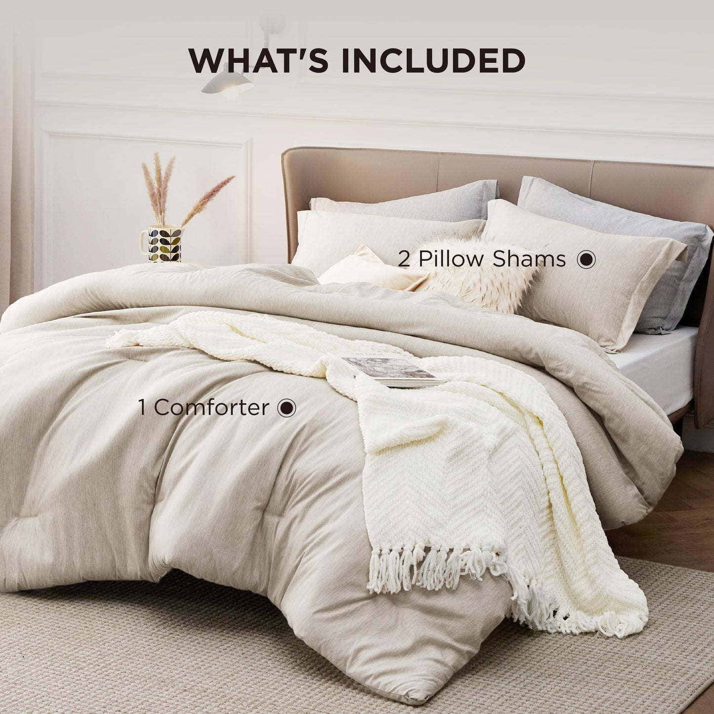 Bedsure Queen Comforter Set - Beige Comforter Queen Size, Soft Bedding for All Seasons, Cationic Dyed Bedding Set, 3 Pieces, 1 Comforter (90"x90") and 2 Pillow Shams (20"x26"+2")