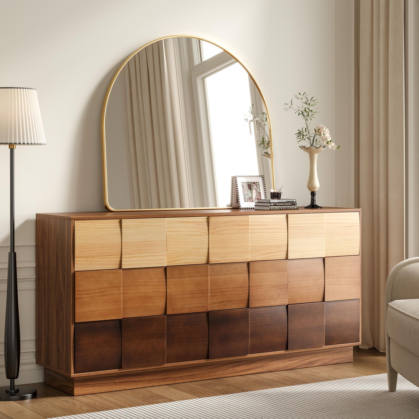 Lamohome Solid Wood Fronts 9 Drawer Dresser, 65" Wide Modern Chest with Gradient Block Design for Bedroom & Living Room