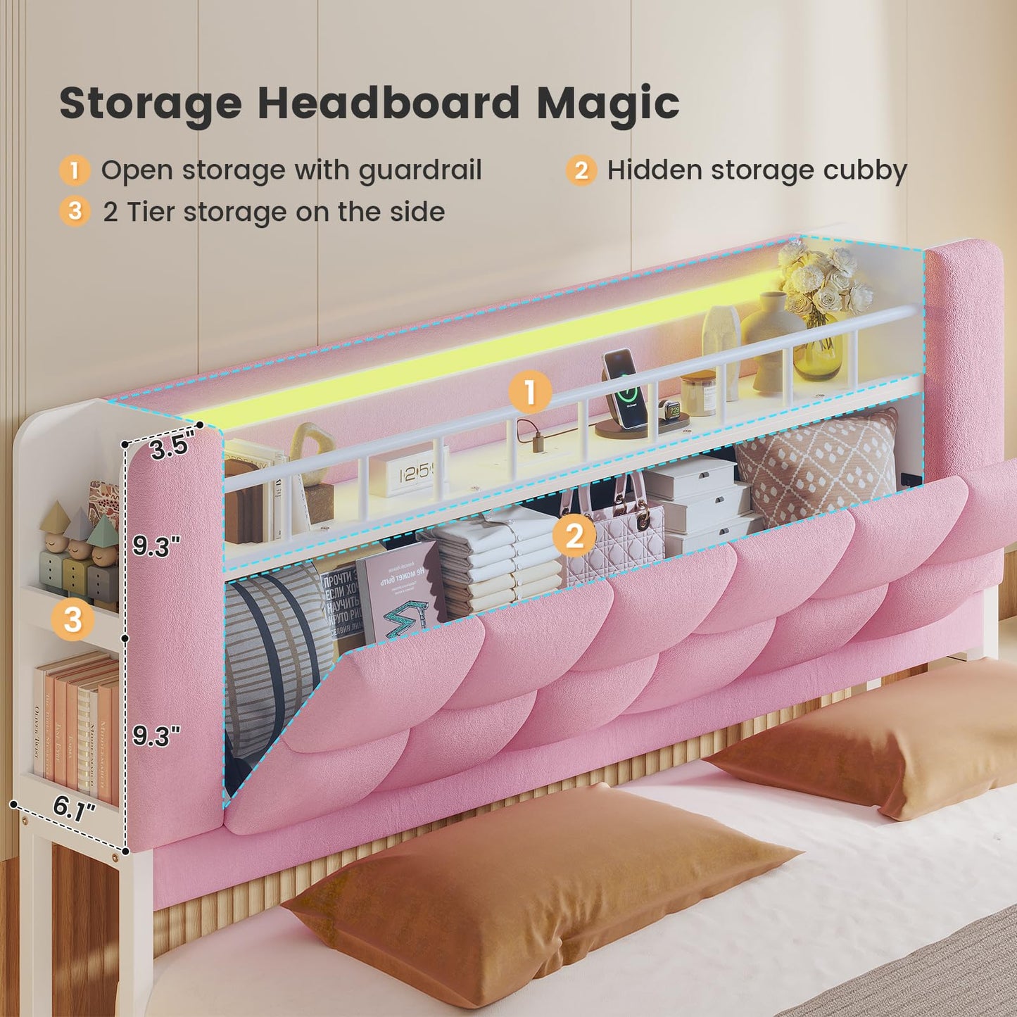 ADORNEVE Queen Size Lift Up Storage Bed with LED Lights & Storage Bookcase Headboard, Velvet Upholstered Platform Bed for Girls, Queen Bed Frame with Charging Station,Hydraulic Lift System, Pink