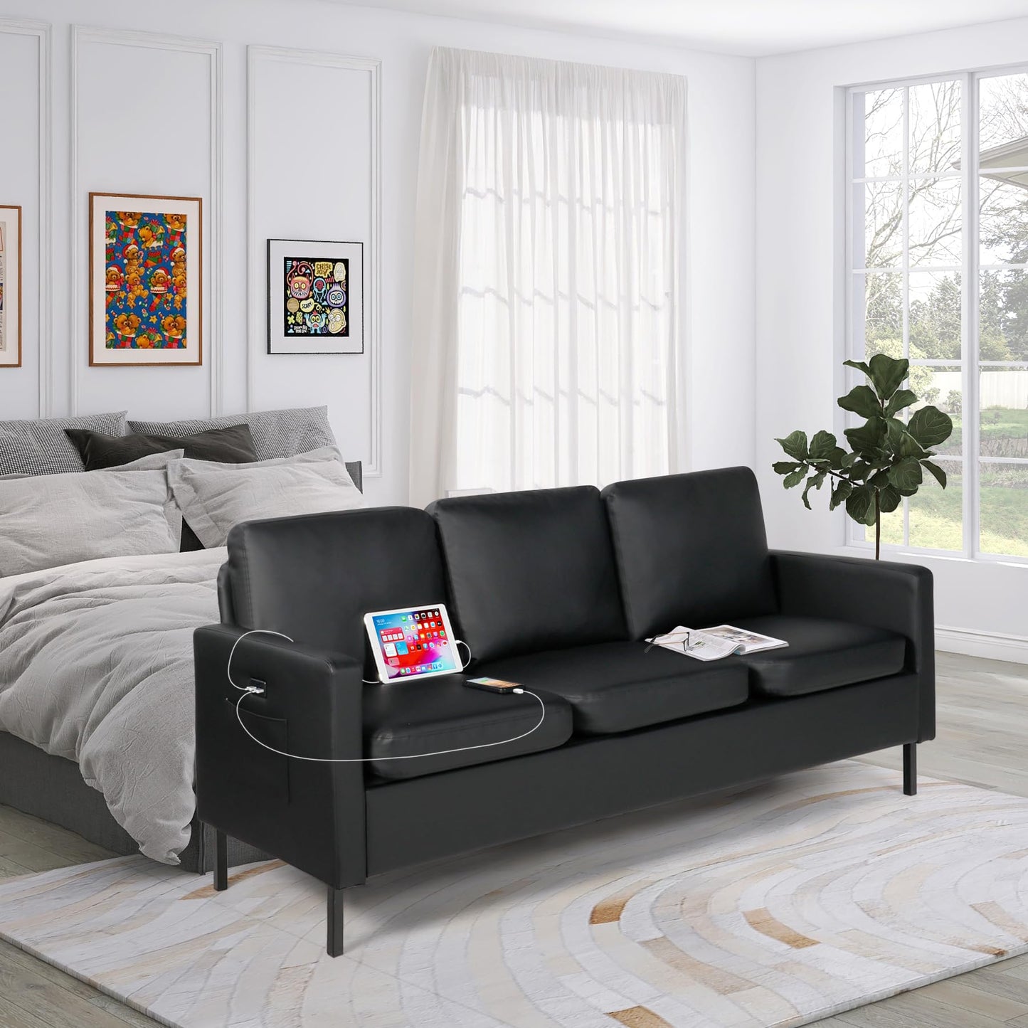 STHOUYN 72" W Faux Leather Black Sofa 3 Seat Couch, Modern Comfy Couch with 2 USB, Small Couches for Living Room Apartment Bedroom Small Spaces, Office(Black (Sofa))