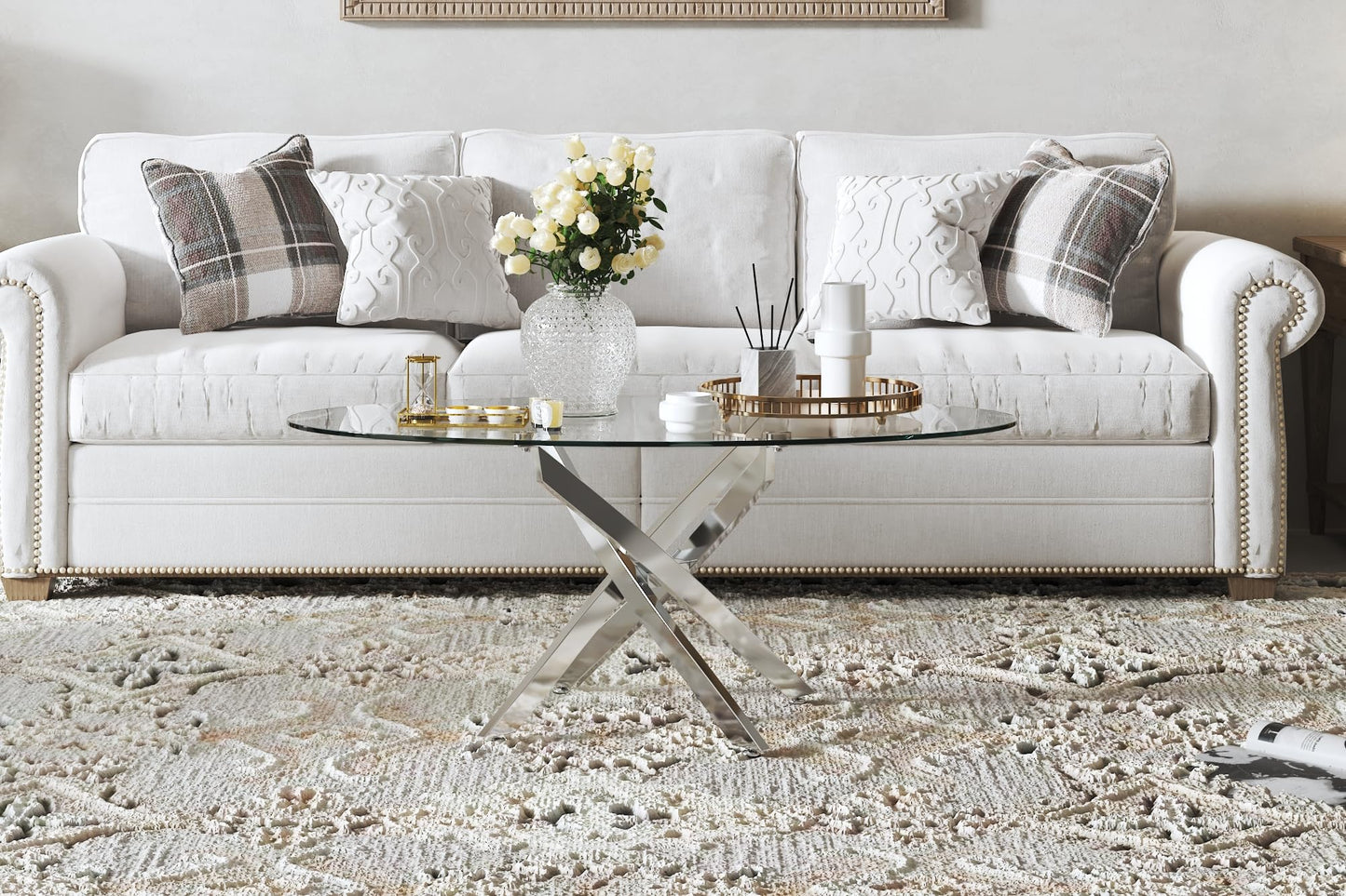 NIERN Glass Coffee Table with Chromed Legs, Oval Modern Living Room Center Table for Home Office Living Room (Silver)