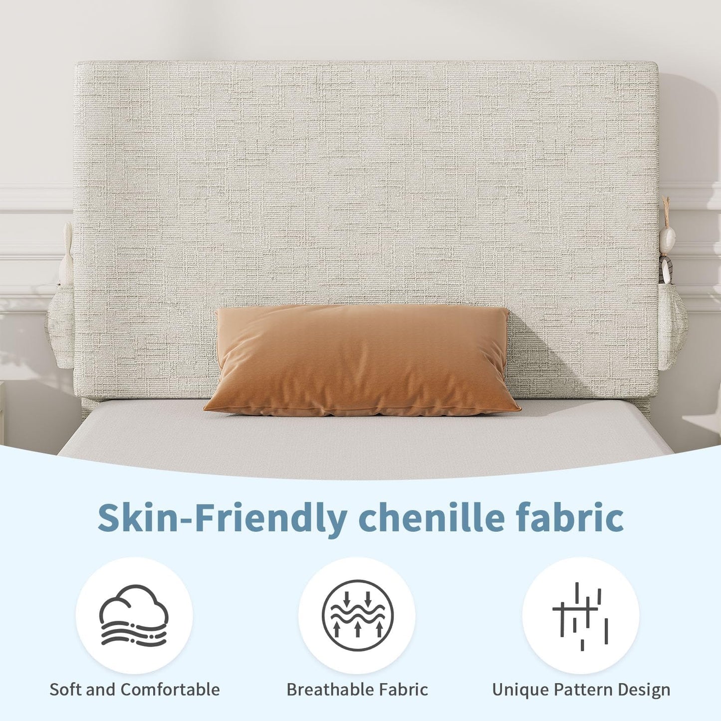 Twin Bed Frame with Headboard, Chenille Fabric Upholstered Platform Bed with Strong Wooden Slats, Kids Twin Bed Frame, No Box Spring Needed, Noise Free, Easy Assembly, White