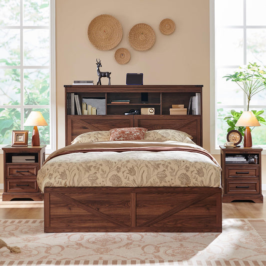 ACCOHOHO Queen Size Wood Bed Frame Farmhouse with 52" Tall Storage Bookcase Headboard, LED Light,Charging Station,4 Drawers and Solid Wood Slats Support,Noiseless,No Box Spring Needed - Brown