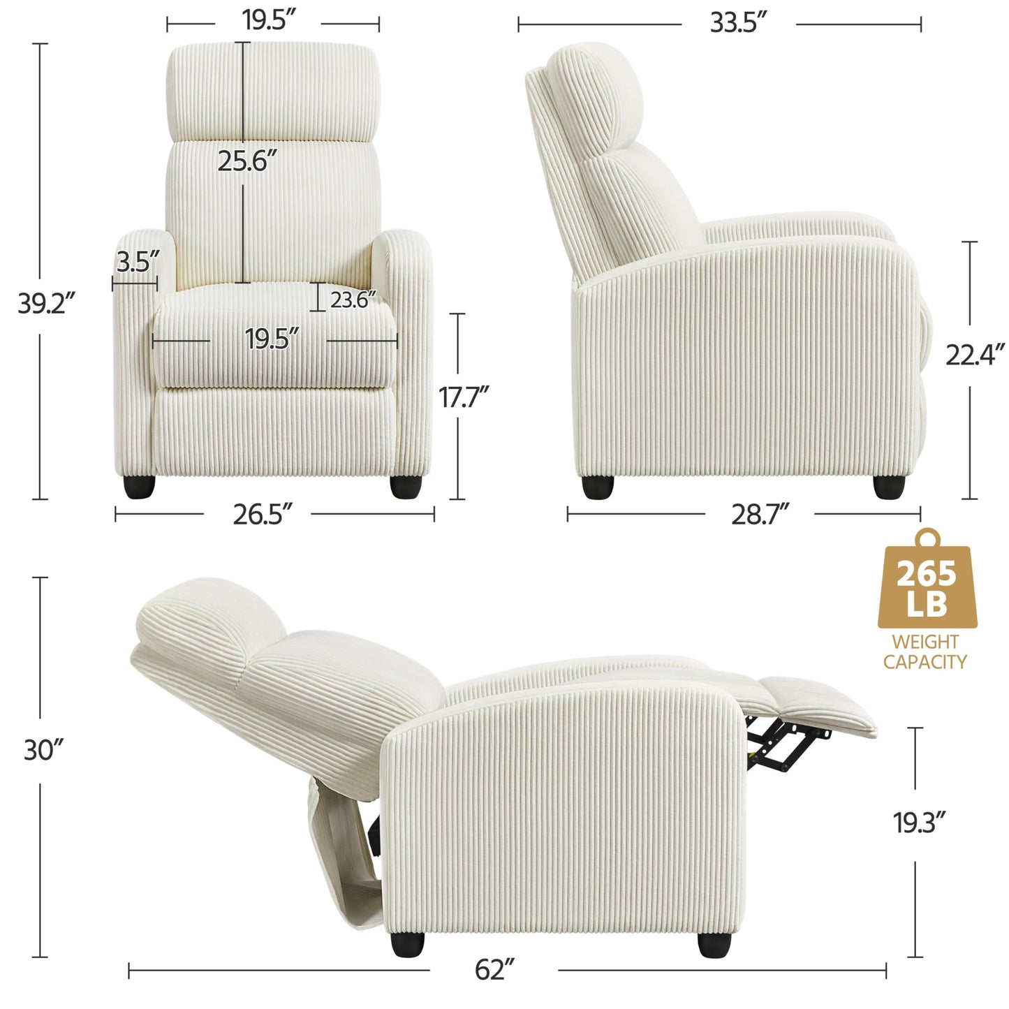 Yaheetech Corduroy Recliner Chair Single Sofa Home Theater Seating Adjustable Modern Reclining Chair for Living Room Bedroom Home Theater Beige