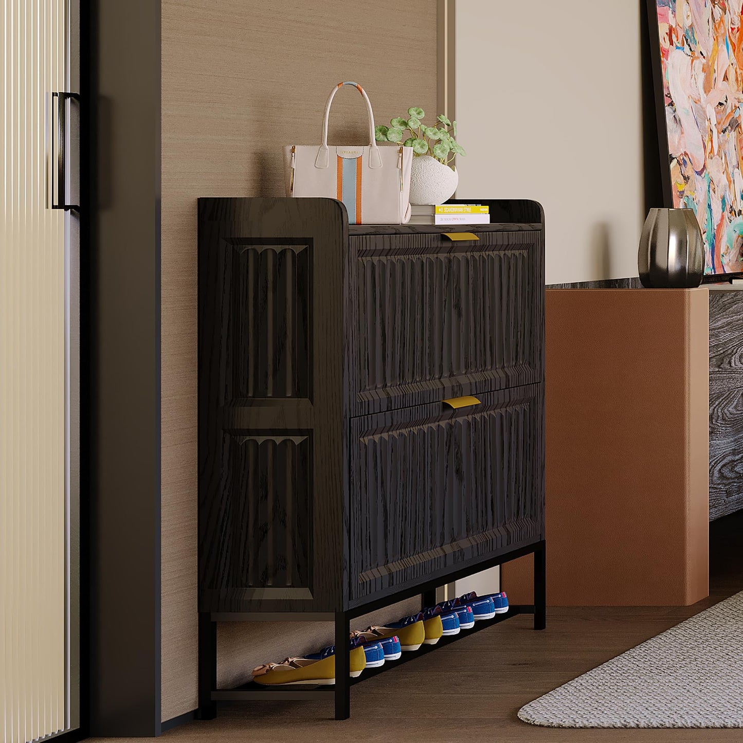 Kogven Shoe Storage Cabinet, Entryway Shoe Rack Cabinet with 2 Flip Drawers Metal Leg,Narrow/Slim/Wide Shoe Organizer Locker, 3-Sided Geometric Wavy Fluted Panel (Vintage Black, 31.5*9.5*40.0 Inch)