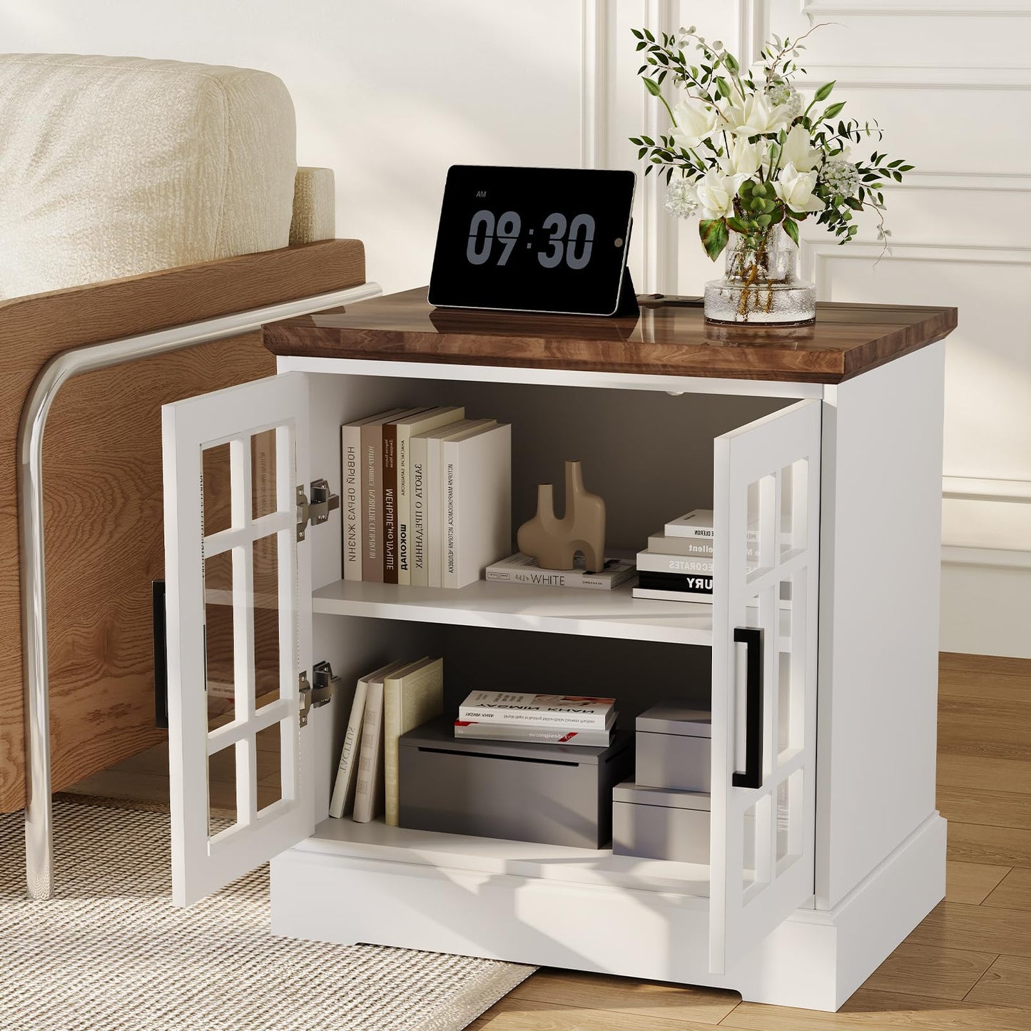 GarveeHome 24inch Farmhouse End Table, Rustic Square Nightstand Sofa Side Table with Charging Station Adjustable Storage Shelf for Living Room Bedroom, White