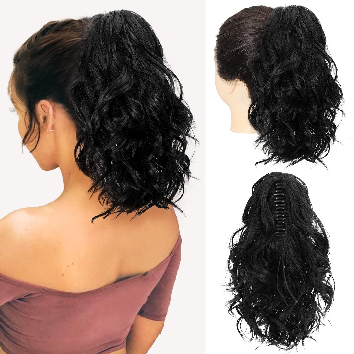 SEIKEA 10" Highlight Ponytail Extension Claw Short Thick Wavy Curly Jaw Clip in Fake Pony Tails Fake Hair Soft Natural Looking Synthetic Hairpiece for Women Black