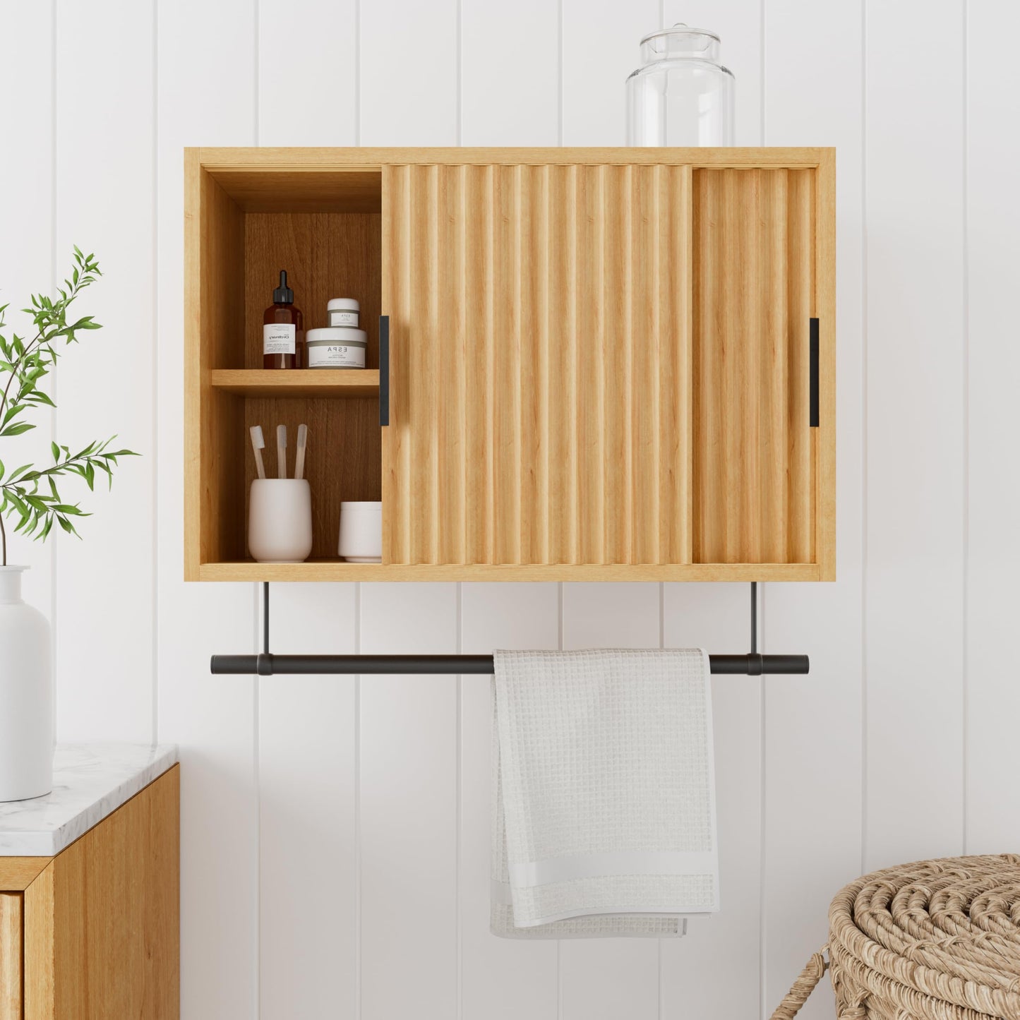 MoomJiee Bathroom Wall Cabinet with Fluted Sliding Door, Wooden Medicine Cabinet with Towels Bar Adjustable Shelf, Modern Farmhouse Wall MountedOver Toilet Storage Organizer, Natural Oak