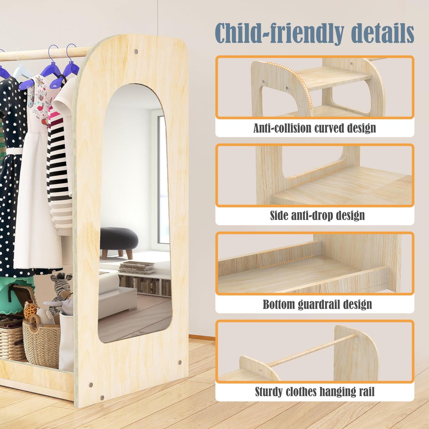 Qifeila Kids Dress Up Storage with Mirror, Wooden Kids Dress Up Rack for Little Girls and Boys, Kid Wardrobe Closet with Storage Shelf