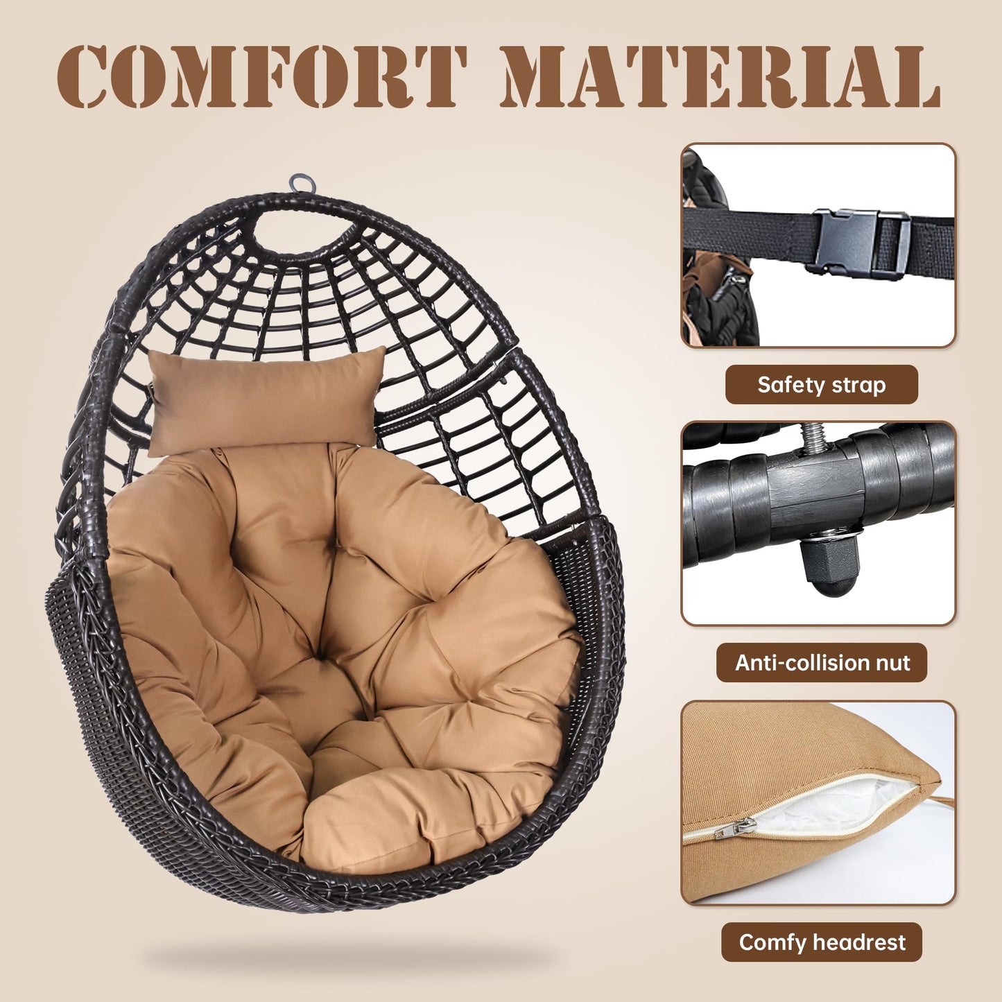 Erotr Egg Swing Hanging Chair with Stand, Outdoor Rattan Egg Hammock Chair with Cushion Pillow for Indoor Bedroom Patio Garden for 330lbs/150kg - Dark Brown