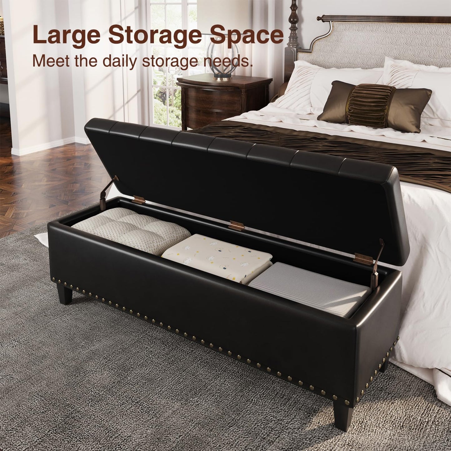 Storage Ottoman Bench, 51-Inch Large Storage Bench for Bedroom End of Bed, 30 Gallons Faux Leather Bench with Storage for Bedroom, Living Room, Entryway, Hallway, Black