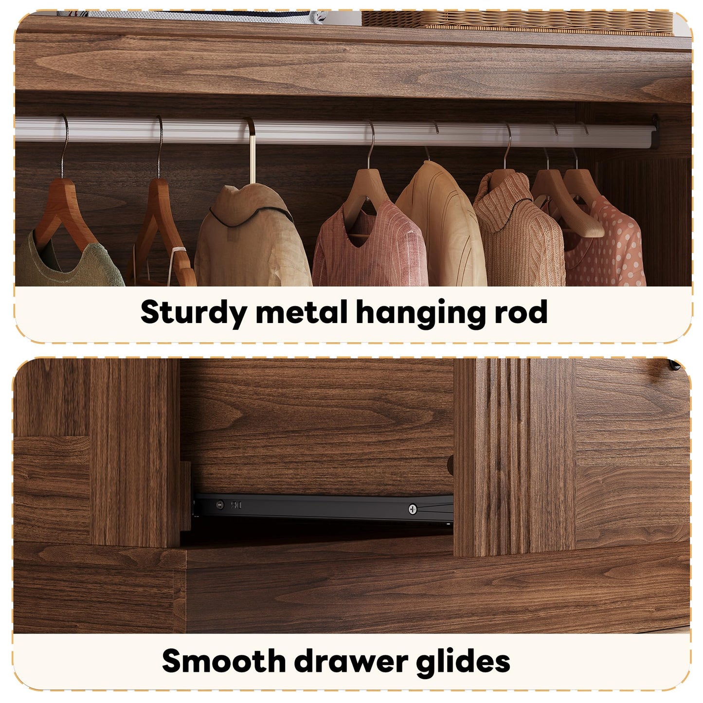 LIKIMIO Farmhouse Wardrobe Closet with Doors, 70" Bedroom Armoires with LED Lights and Hanging Rod, Wooden Large Wardrobe Cabinet with 2 Drawers and 1 Cabinet, Walnut