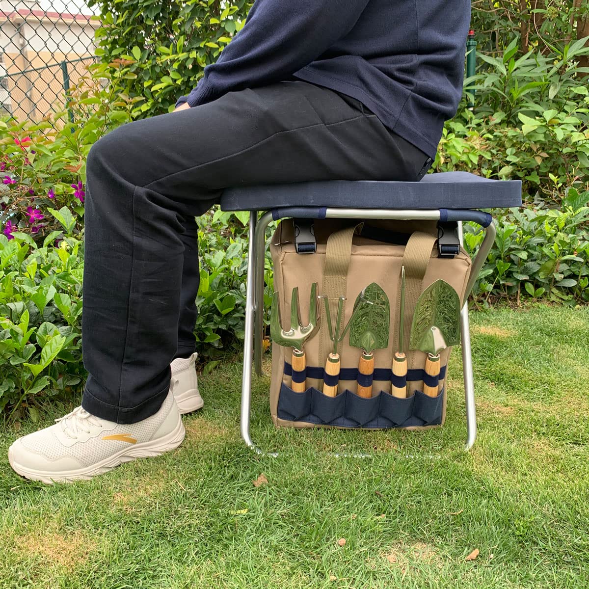 iPreference Garden Folding Gardener Stool with Gardening Tools Insulation Garden Bags Plus 5 Garden Tools and Gardening Kneeler Ideal Gift for Mother's Day/Father's Day (Navy Blue)
