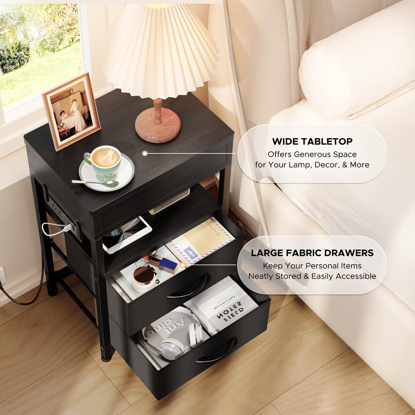 Lazzanto Nightstand Hidden Drawer Charging Table - Night Stand with Charger Station and Sliding Top Storage, Morden Bedside Table with 2 Fabric Drawers, for Dorm Living Room Bedroom, Black