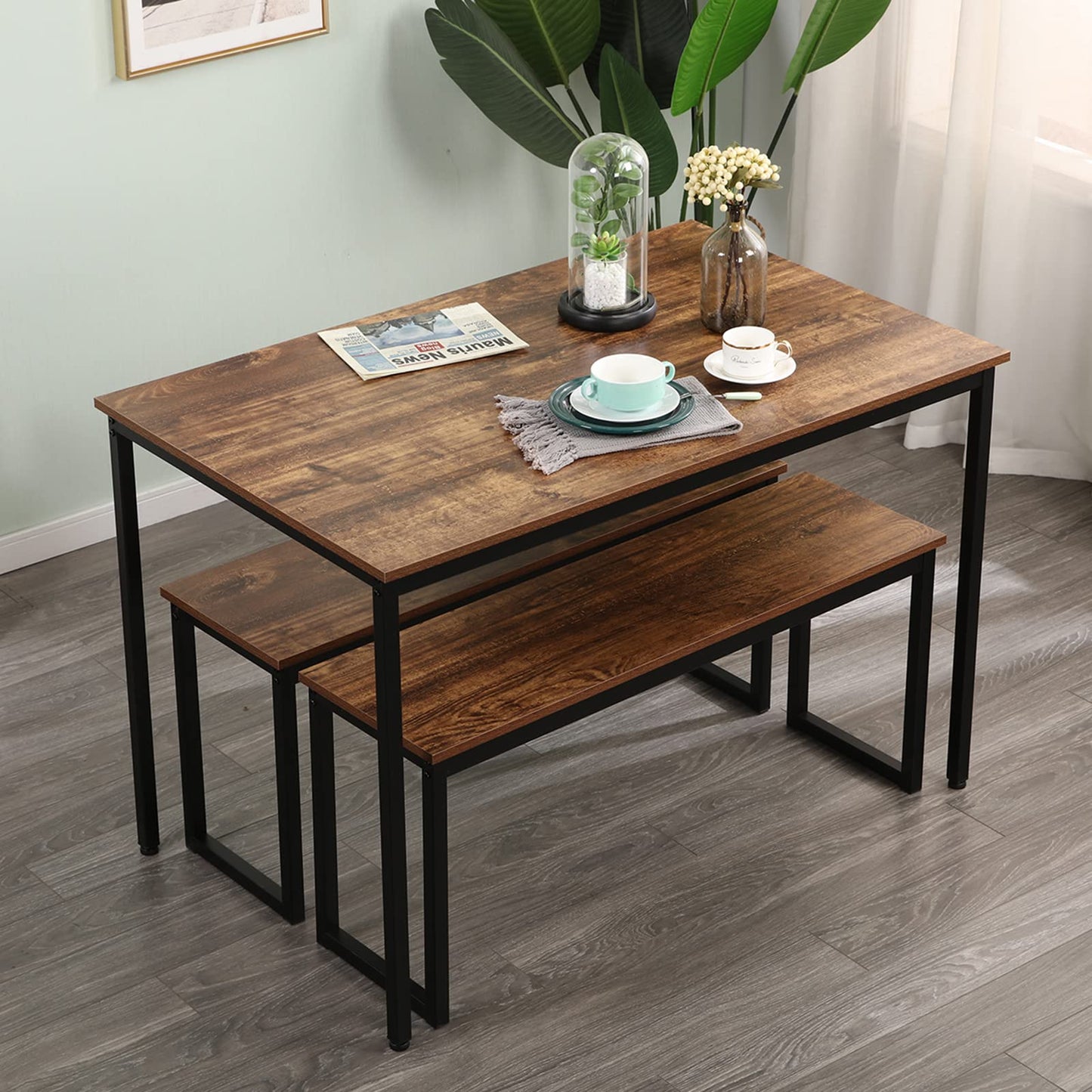 soges 3 PCS Dining Table Set for 4 with 2 Benches, Soho Dining Table and Chairs Set, Industrial Kitchen Table and Chairs Kitchen Breakfast Table Set, Dining Set with Metal Frame, Brown