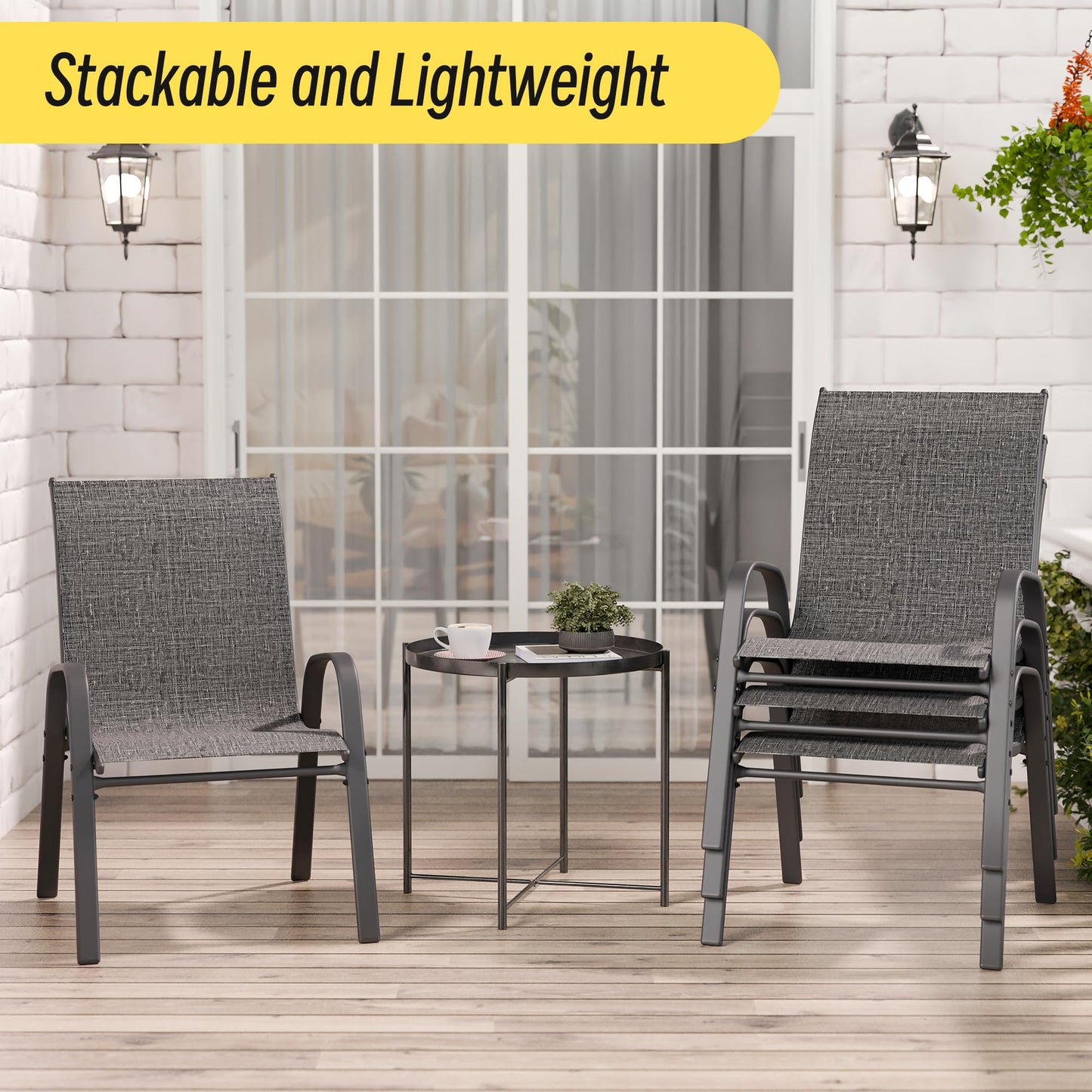 Betterhood Patio Chairs Set of 4, Stackable Outdoor Dining Chairs Set with Breathable Seat Fabric, All-Weather Powder-Coated Metal Frame for Deck, Pool Side and Backyard, 350LBS Capacity (Grey)