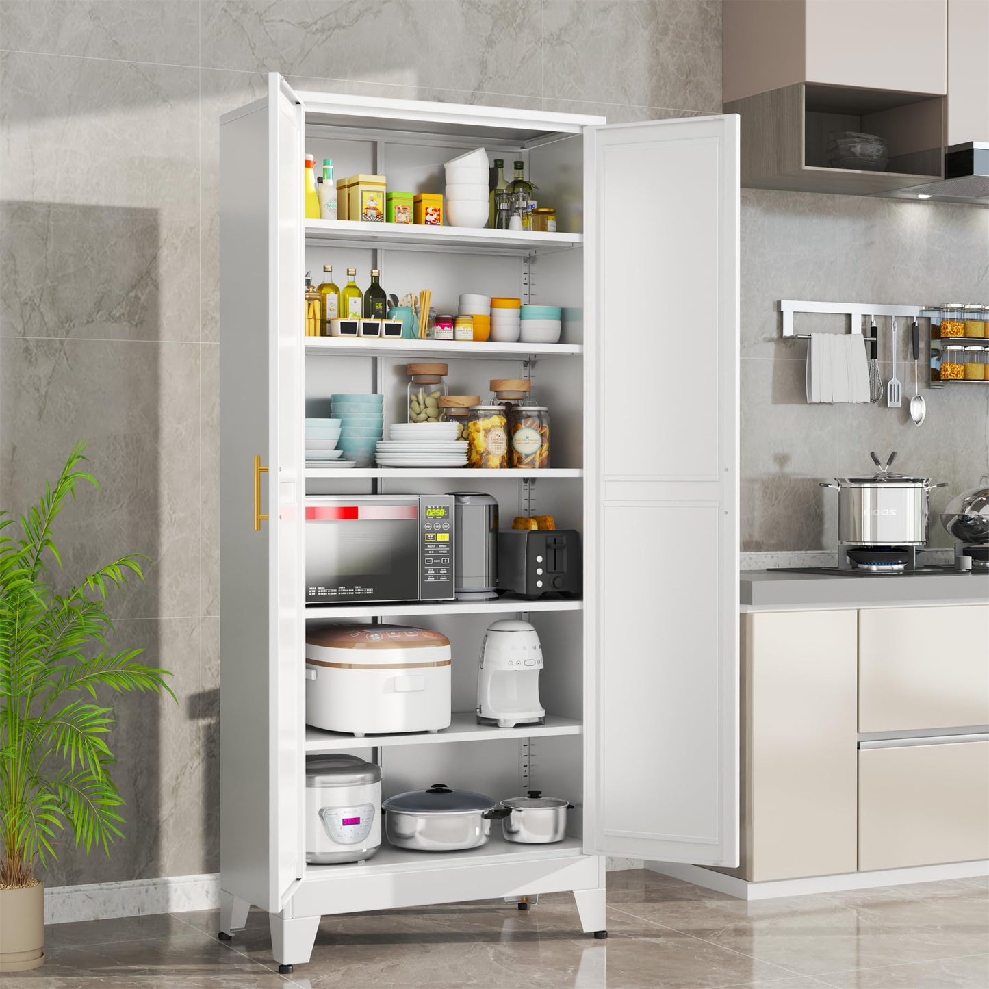 erosoei 75.2”H Metal Kitchen Pantry Storage Cabinet, Storage Cabinets with Adjustable Feet and Shelves,Food Pantries Cupboard for Kitchen, Living Room, Laundry Room and Dinning Room（White）