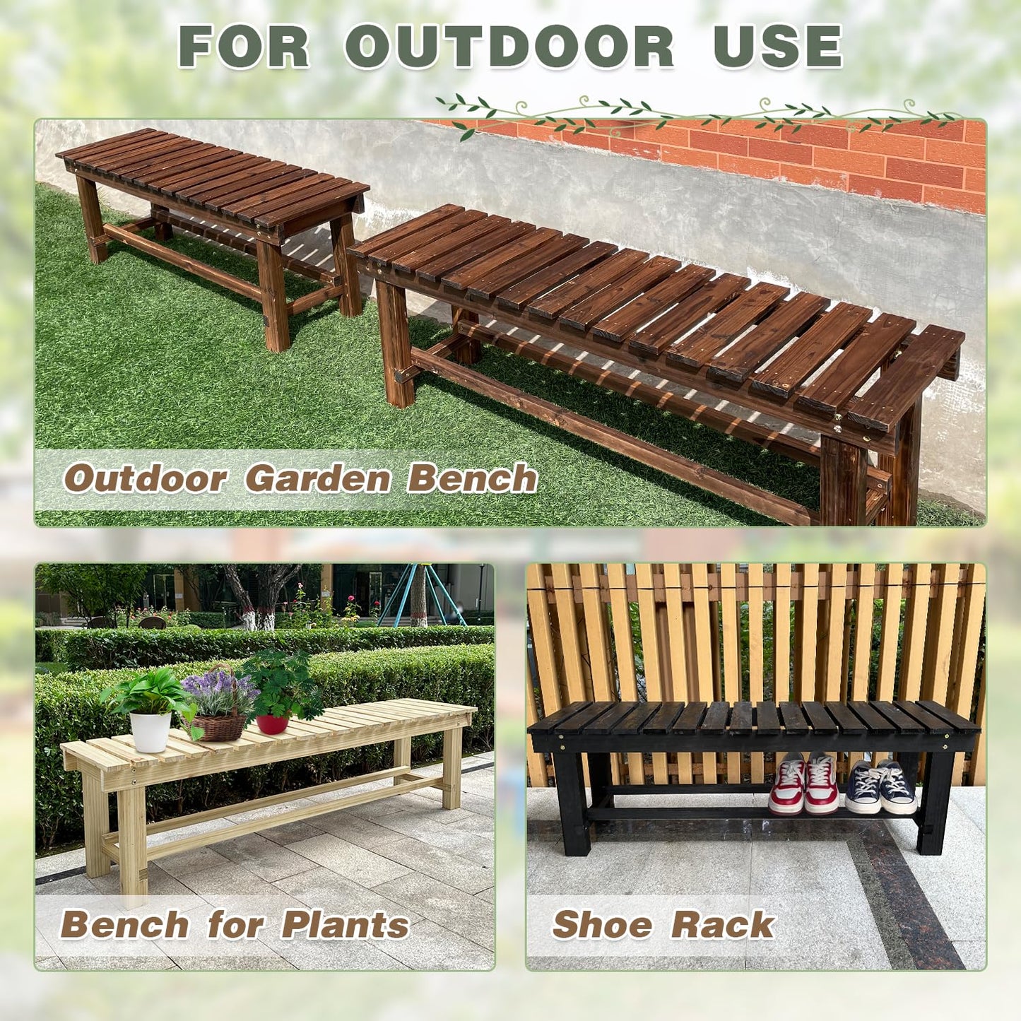 LSPYYDS Outdoor Garden Bench, 2-Person Wood Patio Bench Weatherproof Outdoor Backless Bench, Anti-Corrosion and Anti-Rust Garden Benches for Garden Lawn Porch Park Backyard (Carbonized,35.5''/90cm)