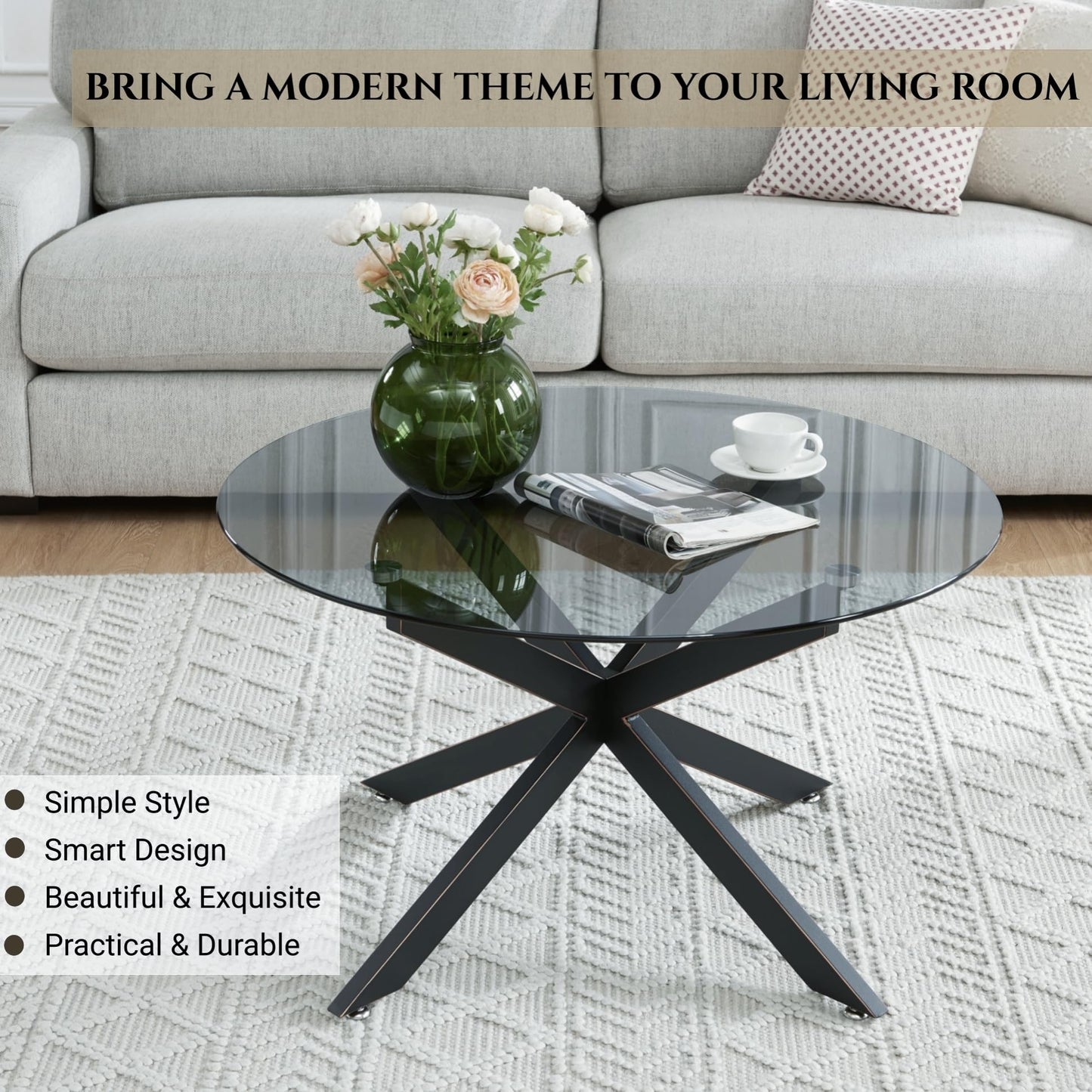 Round Glass Coffee Tables for Living Room, Home Office, Modern & Simple Center Table with Gray Tempered Glass Top, 35.5" Wx19.7 H Black
