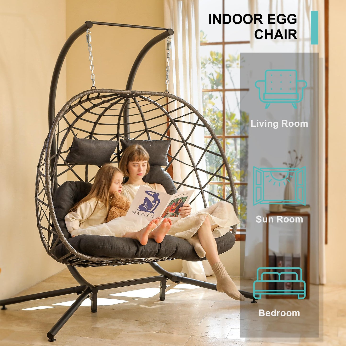 SWITTE Double Egg Swing Chair with Stand, 2 Person Outdoor Indoor Hammock Hanging Chair with Cushion for Patio Living Room 550 LBS Capacity-Dark Grey