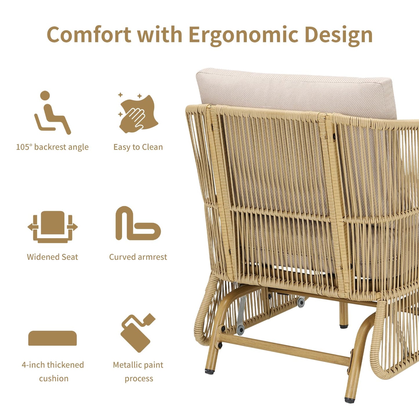 PLANNTONNEO Outdoor Rocking Chairs Set of 2, Wicker Rocking Chairs Furniture Sets with Curved Silhouette, 2 Pieces Glider Rocking Bistro Set with Cushion for Garden,Porch,Backyard