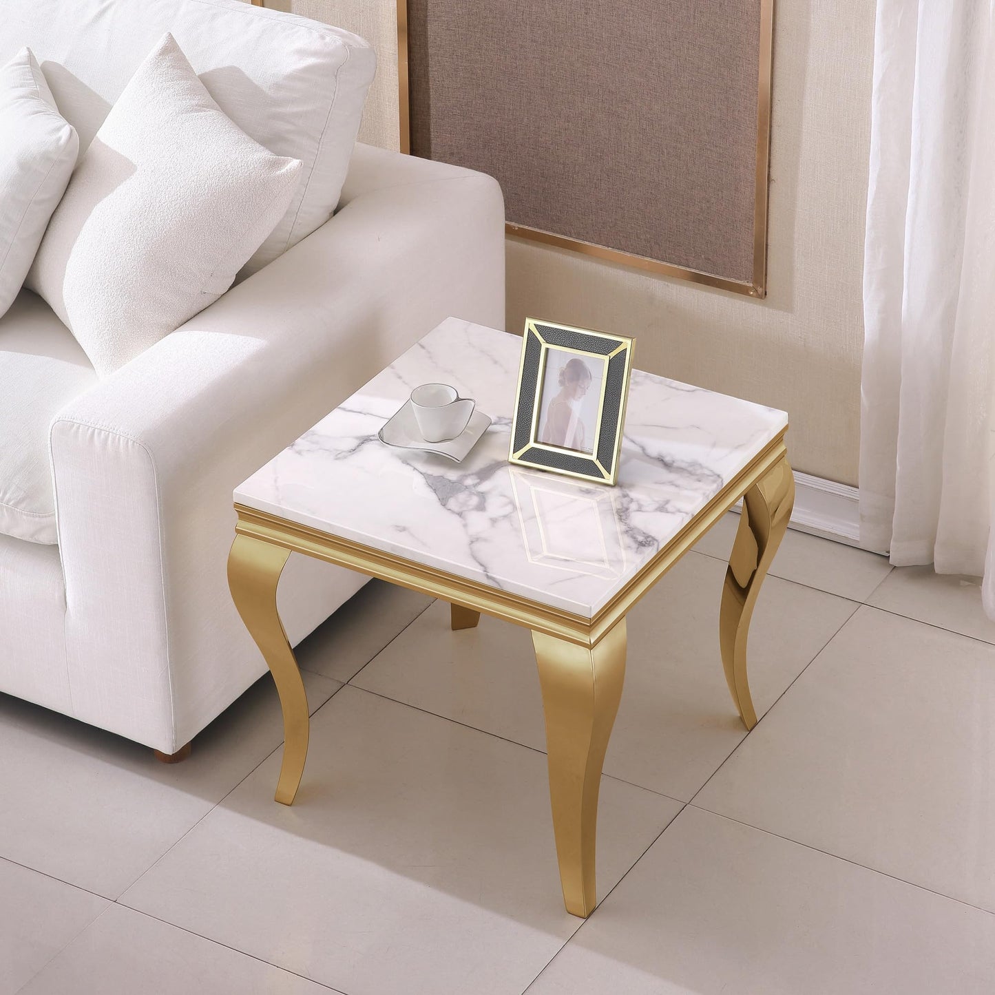 SSLine Modern 3 Piece Living Room Table Set, Includes 1 Coffee Table & 2 End Tables, Luxury Faux Marble Coffee End Table Set with S-Shape Stainless Steel Legs (White Marble& Gold3)
