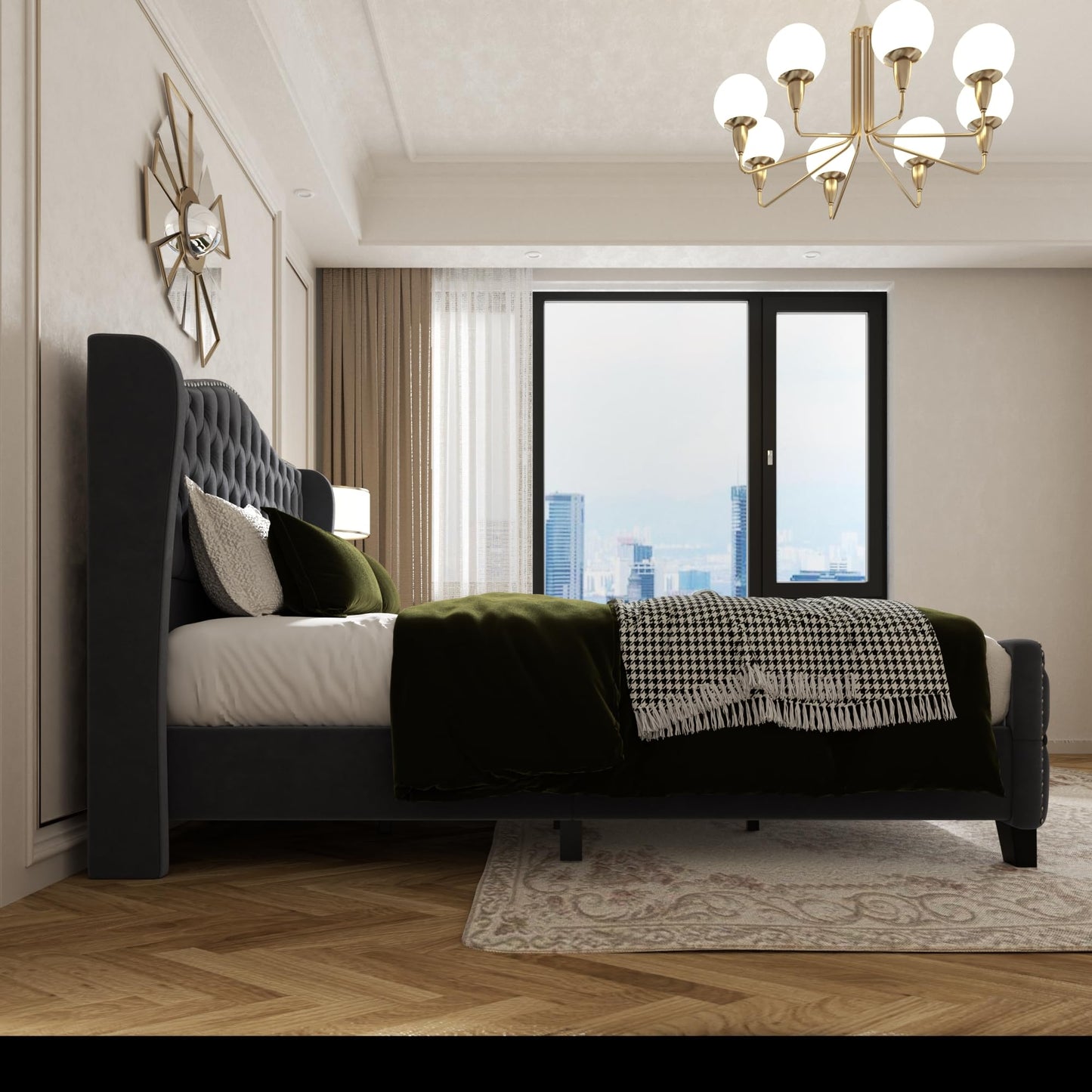 King Size Bed Frame with 51-inch Tall Camelback Headboard, Velvet Upholstered Platform Bed with Deep Button Tufted Footboard & Nailhead Trim Wingback Grey