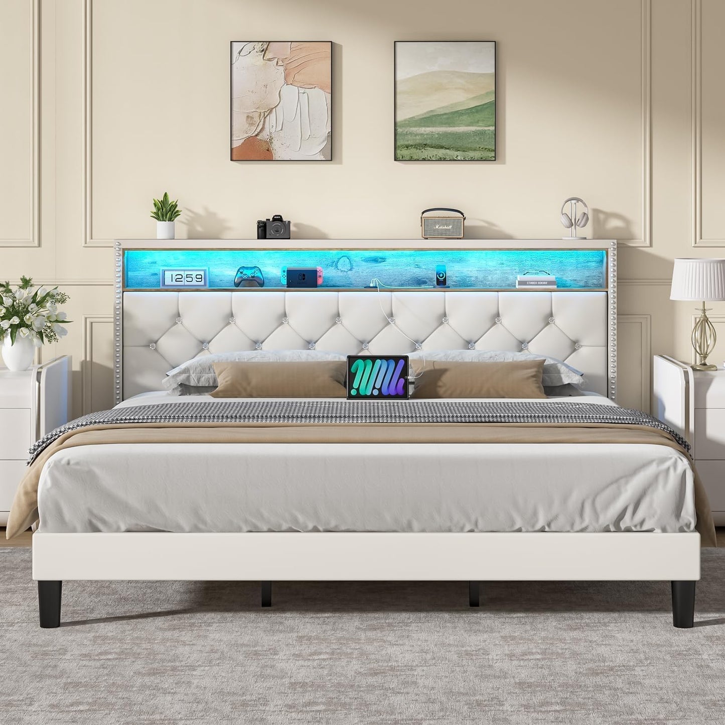 King Bed Frame with LED Lights, Velvet Upholstered Platform Bed with Storage Headboard and Charging Station, King Bed Frame with Diamond Design, Wood Slats Support, No Box Spring Needed, Beige