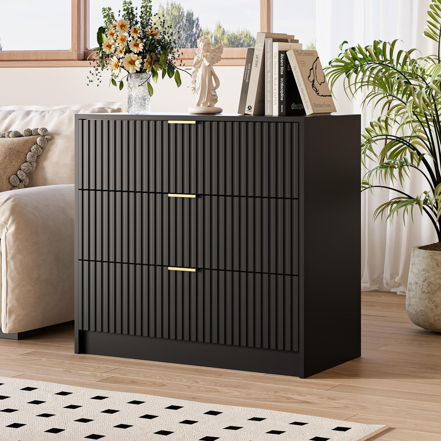 MAISONARIA Black Fluted Dresser for Bedroom, 32 Inch Wide Nightstand with Large Drawer, 3 Drawer End Table for Bedroom, Living Rooms, Offices, and Entryways