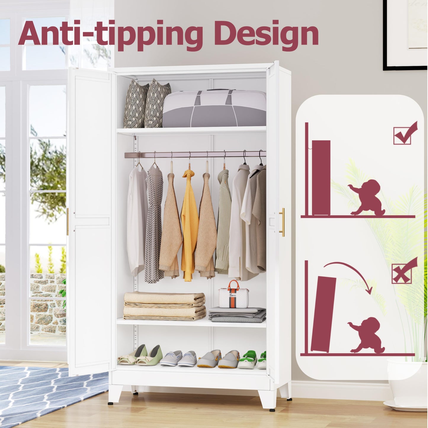 GAIOUS Metal Wardrobe Cabinet with Hanging Rod, 71" Metal Clothing Storage Cabinets with 2 Doors and Adjustable Shelves, White Armoire Wardrobe Closet for Bedroom, Laundry Room, Cloak Room