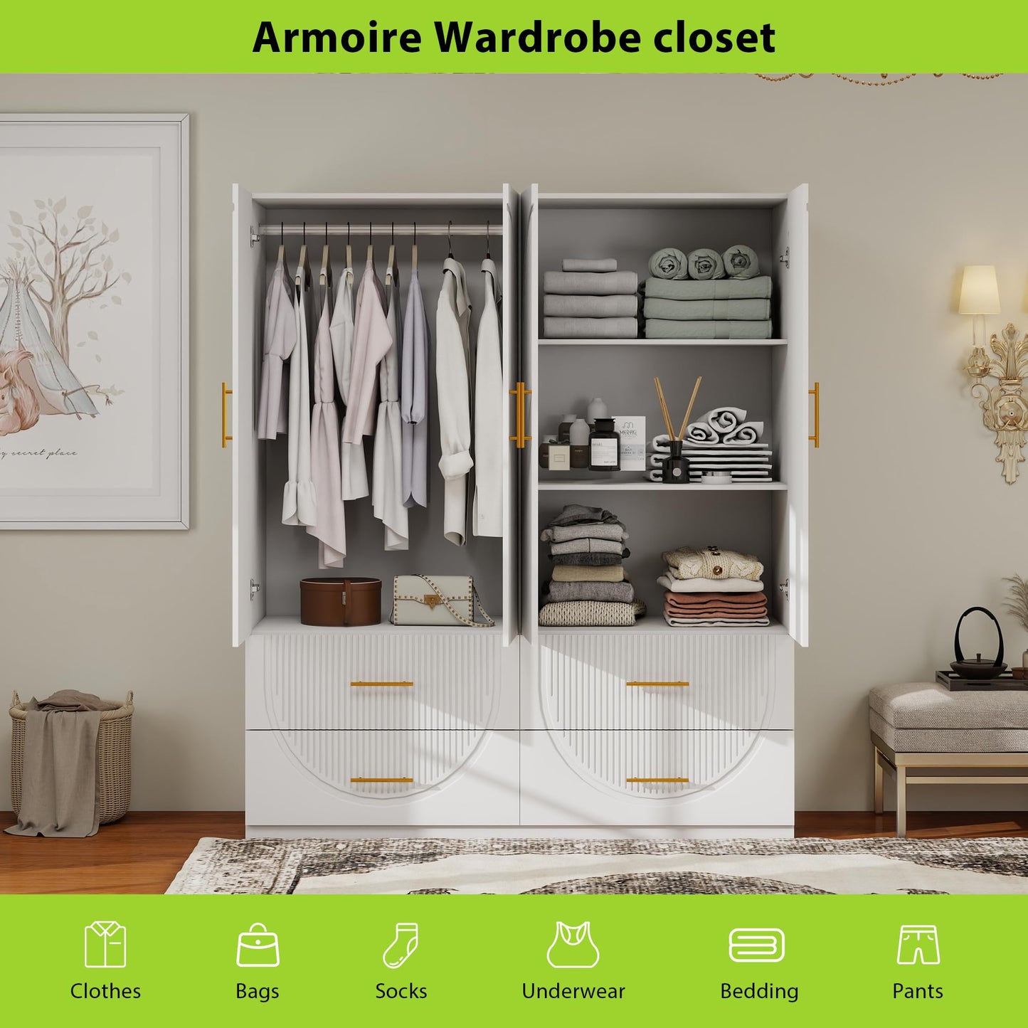 Keloyid Wardrobe Armoire Closet with 4 Door, 3 Shelves, 4 Drawers and 1 Hanging Rods, Wooden Closet Storage Cabinet for Bedroom, White