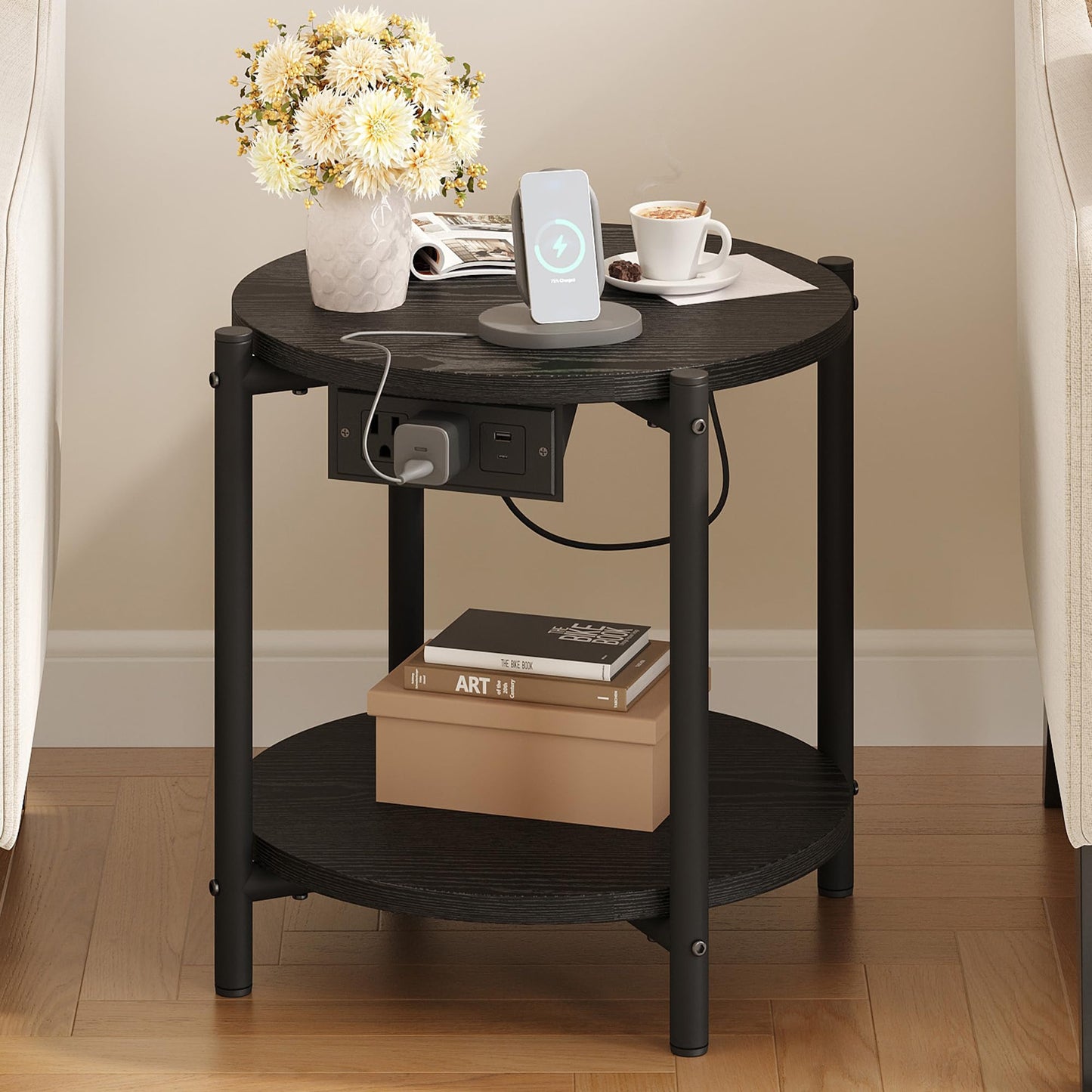 LIKIMIO Round Side Table with Charging Station, 2-Tier Wooden End Table with Lower Shelf, 15.8" W Modern Wooden Nightstand for Small Spaces, Living Room, Bedroom, Black