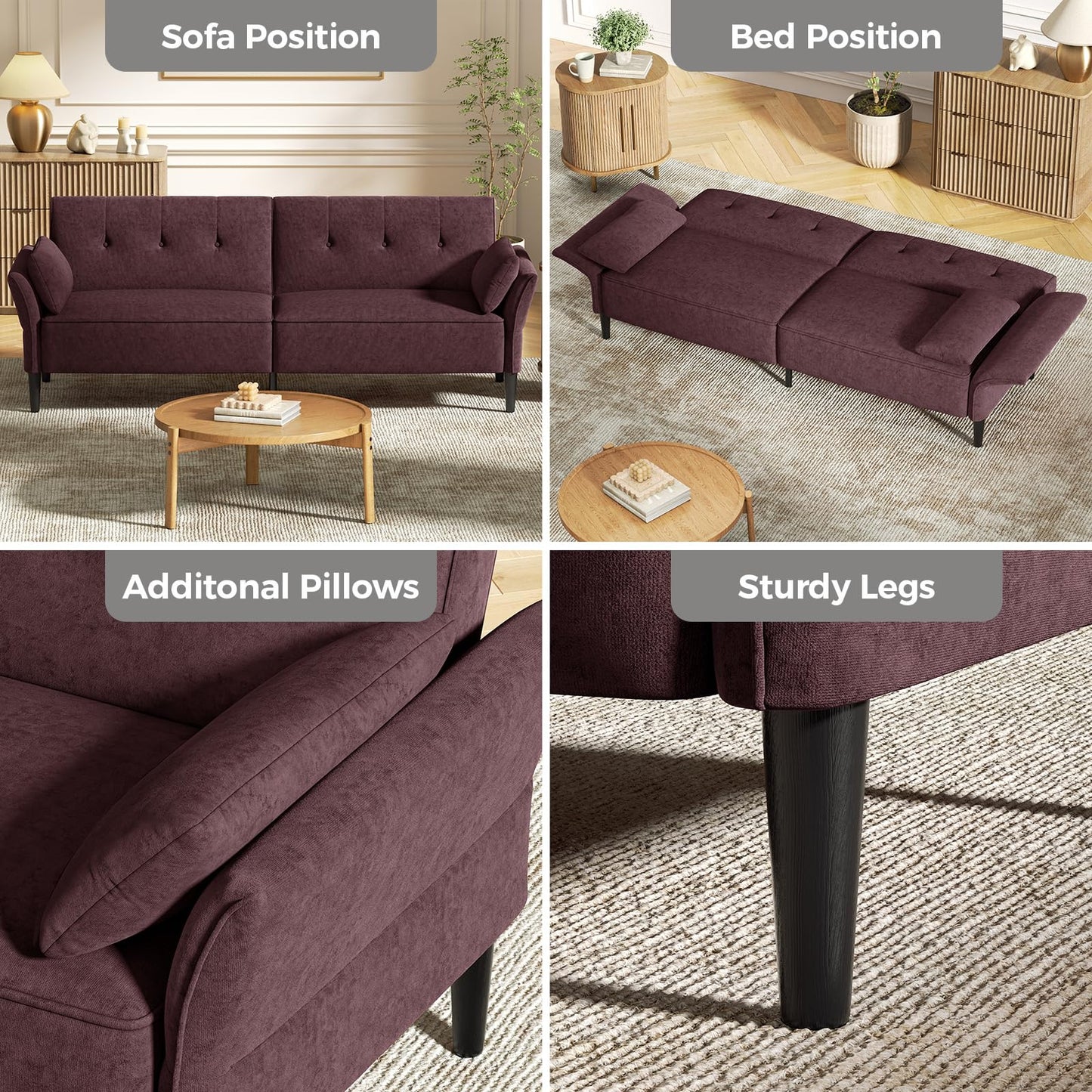 COPIAE 89” Futon Sofa Bed, Velvet Fabric Comfy Futon Couch Bed with 2 Square Pillows, Convertible Sleeper Sofa with Adjustable Backrest& Armrests, Modern Loveseat Sleeper for Living Room, Burgundy