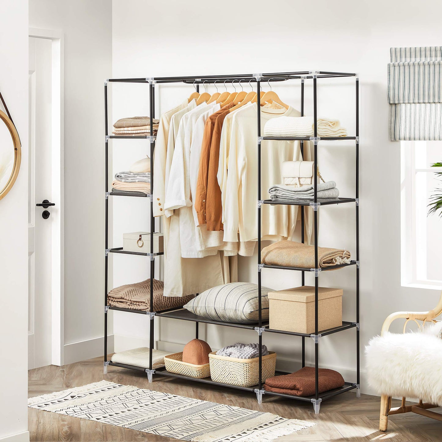 SONGMICS Closet Wardrobe, Portable Closet for Bedroom, Clothes Rail with Non-Woven Fabric Cover, Clothes Storage Organizer, 59 x 17.7 x 69 Inches, 12 Compartments, Black ULSF03H