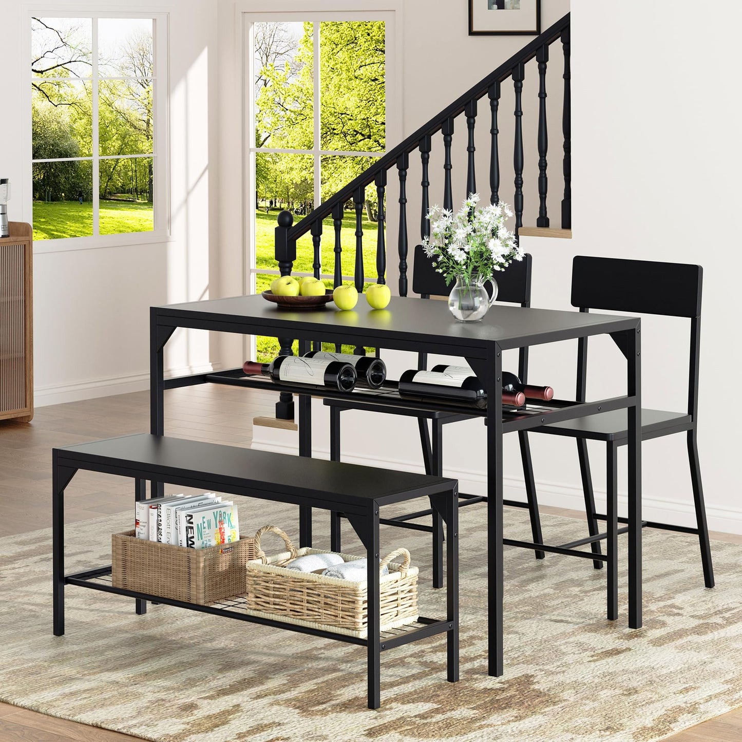 Shintenchi Kitchen Table Chairs Set of 4, Dining Table Set for 4 with Bench and Chairs, 4 Pieces Kitchen Table Set with Storage Rack & Metal Frame for Small Space, Black