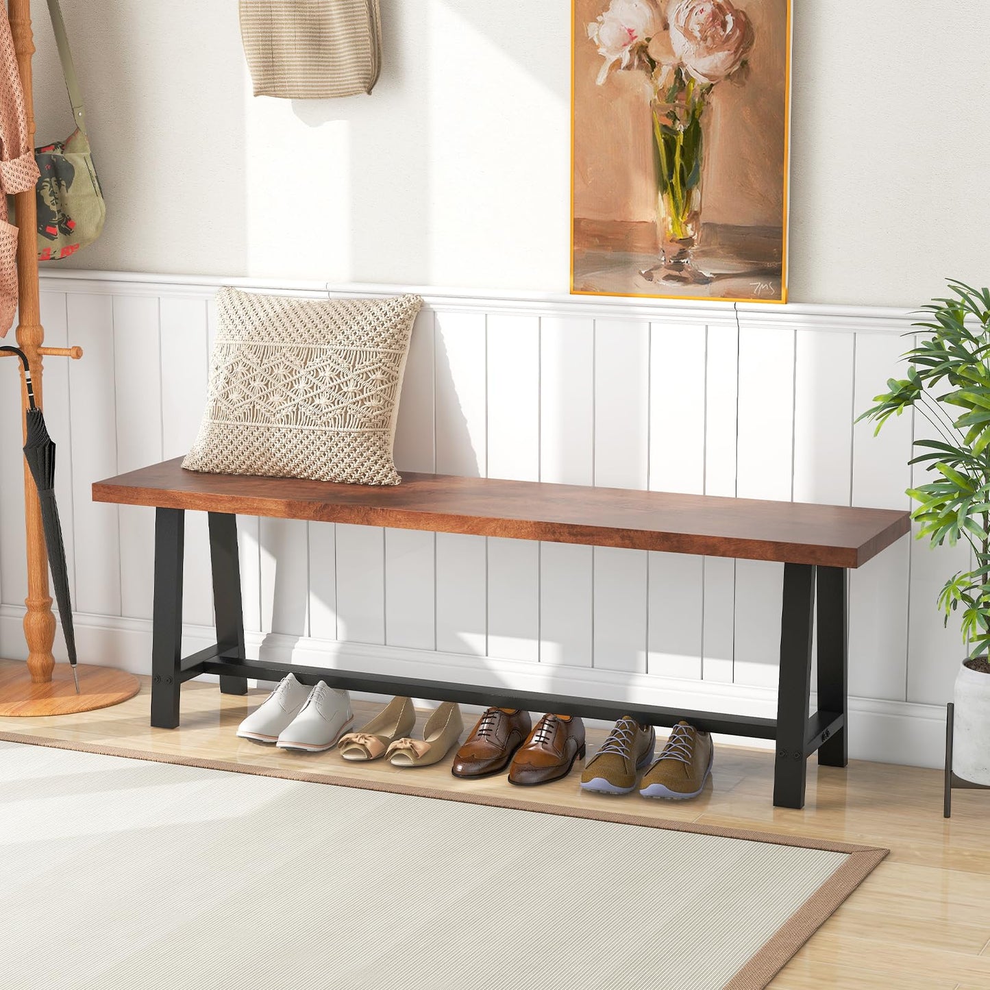 Giantex 60” Rectangular Wood Dining Bench, 3 Person Entryway Shoe Bench with Metal Frame, Farmhouse Indoor Benchs for End of Bed, Hallway, Living Room & Dining Room (60”L)