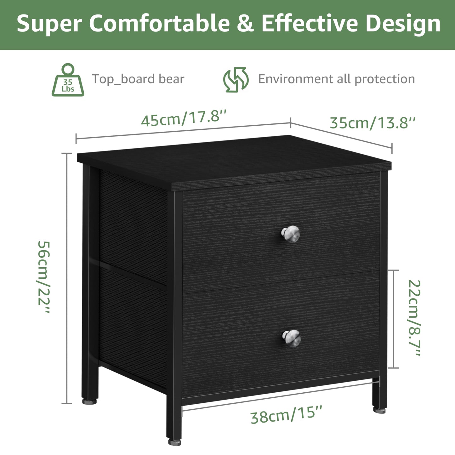 BOLUO Black Nightstands Set of 2, 2 Drawer Dresser for Bedroom Night Stand Small Nightstands End Table with Fabric Drawers Modern