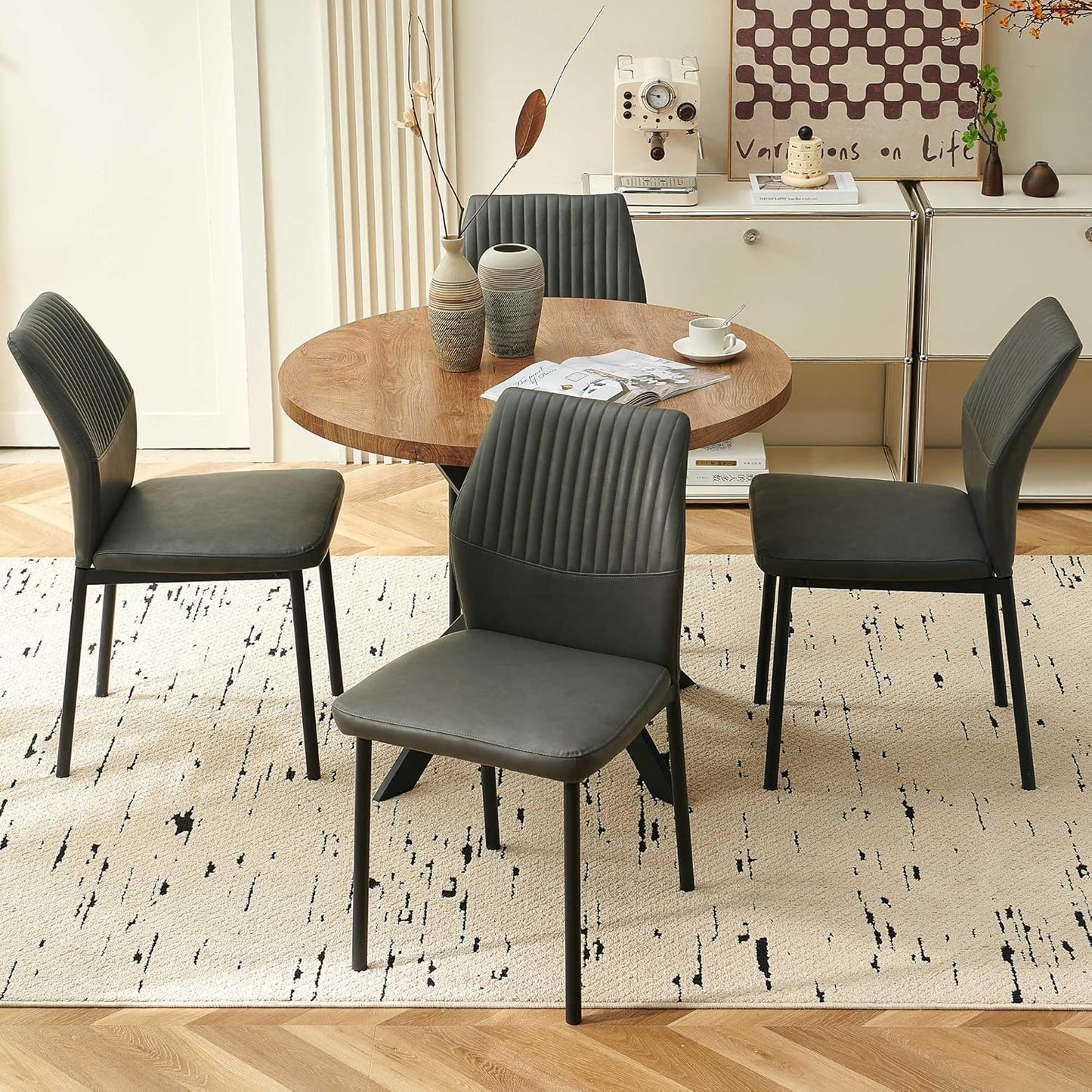 Pandolfini 37 Inch Round Dining Table Set for 4, Mid Century Modern Coffee Set for Dining Room Kitchen Apartment (Walnut Wood Color Table + 4 Dark Grey Chairs)