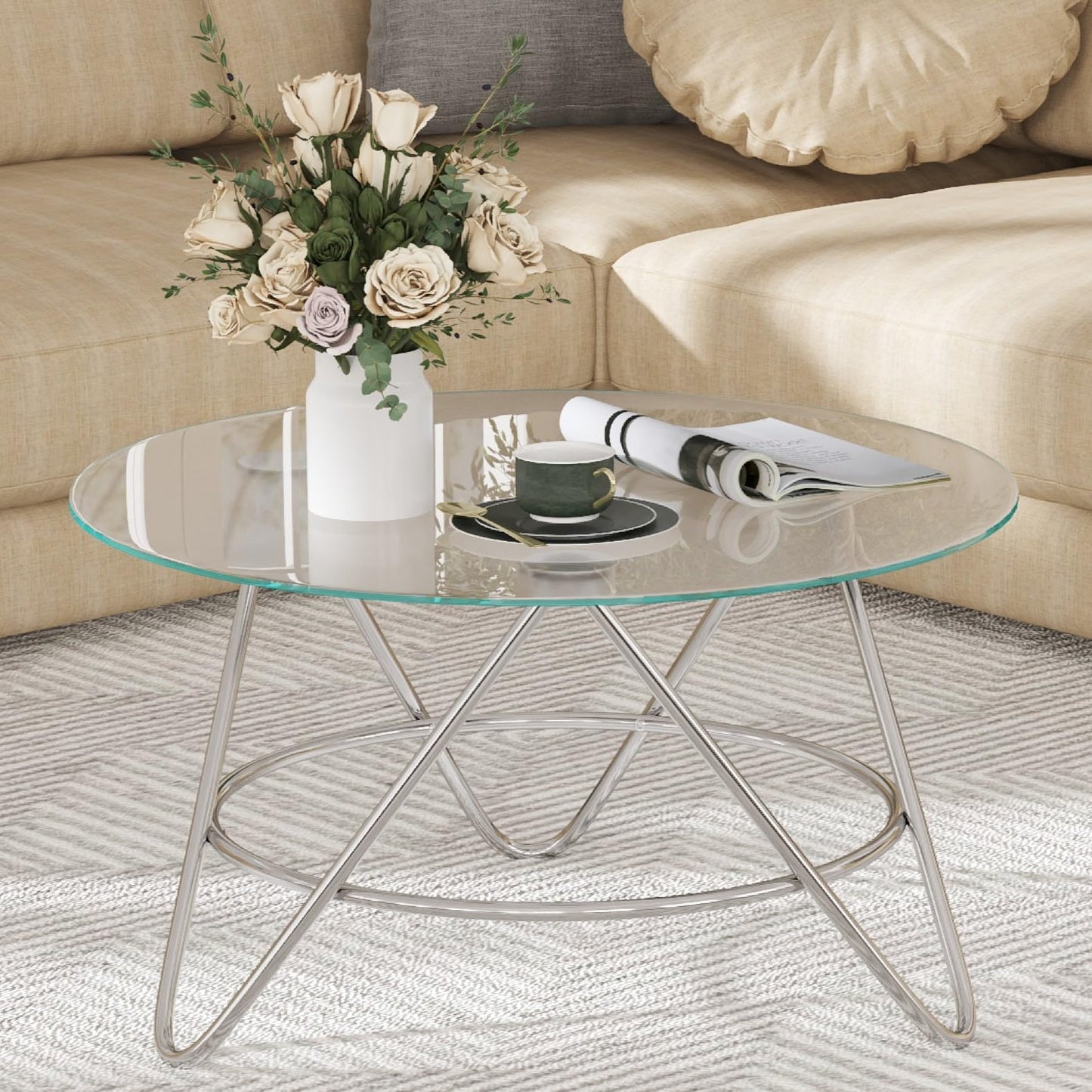 OIOG Glass Coffee Table, Round Coffee Table Living Room, Modern Coffee Table with Tempered Glass Tabletop and Chrome Frame, Silver