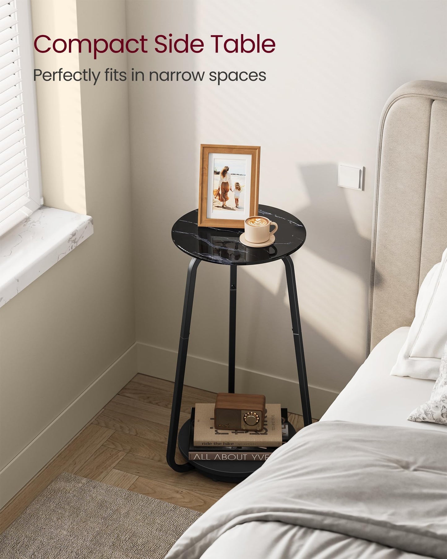 VASAGLE Round Side Table, 2-Tier Nightstand, End Table with Glass Top and Particleboard Shelf, Cocktail Table, for Living Room, Bedroom, Small Spaces, Modern Style, Marble Black ULET287B58