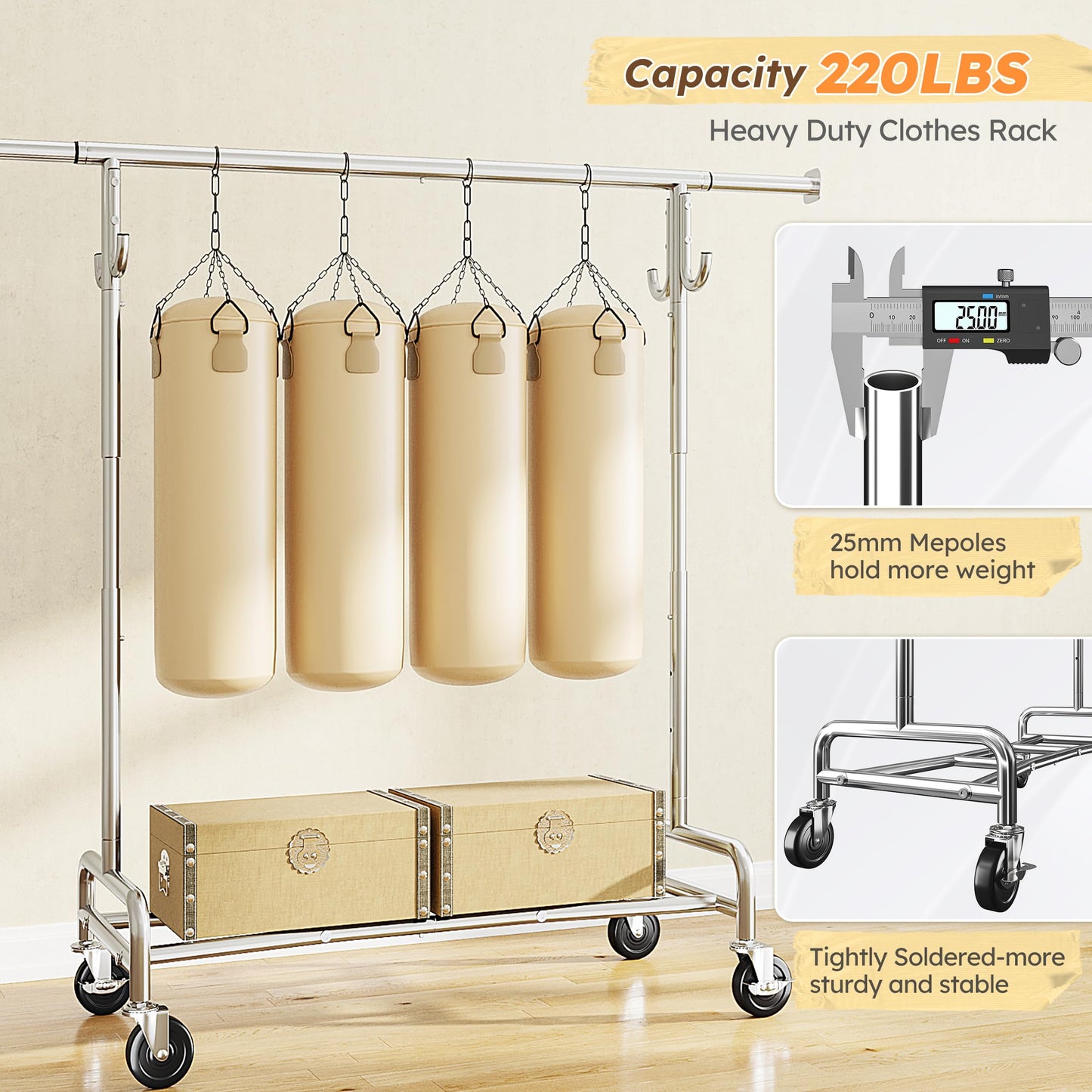 Raybee Clothes Rack Holds 300 Items of Clothing, Clothing Racks for Hanging Clothes, Rolling Garment Rack with Sturdy Wheels & Shelf, Portable & Adjustable, Chrome