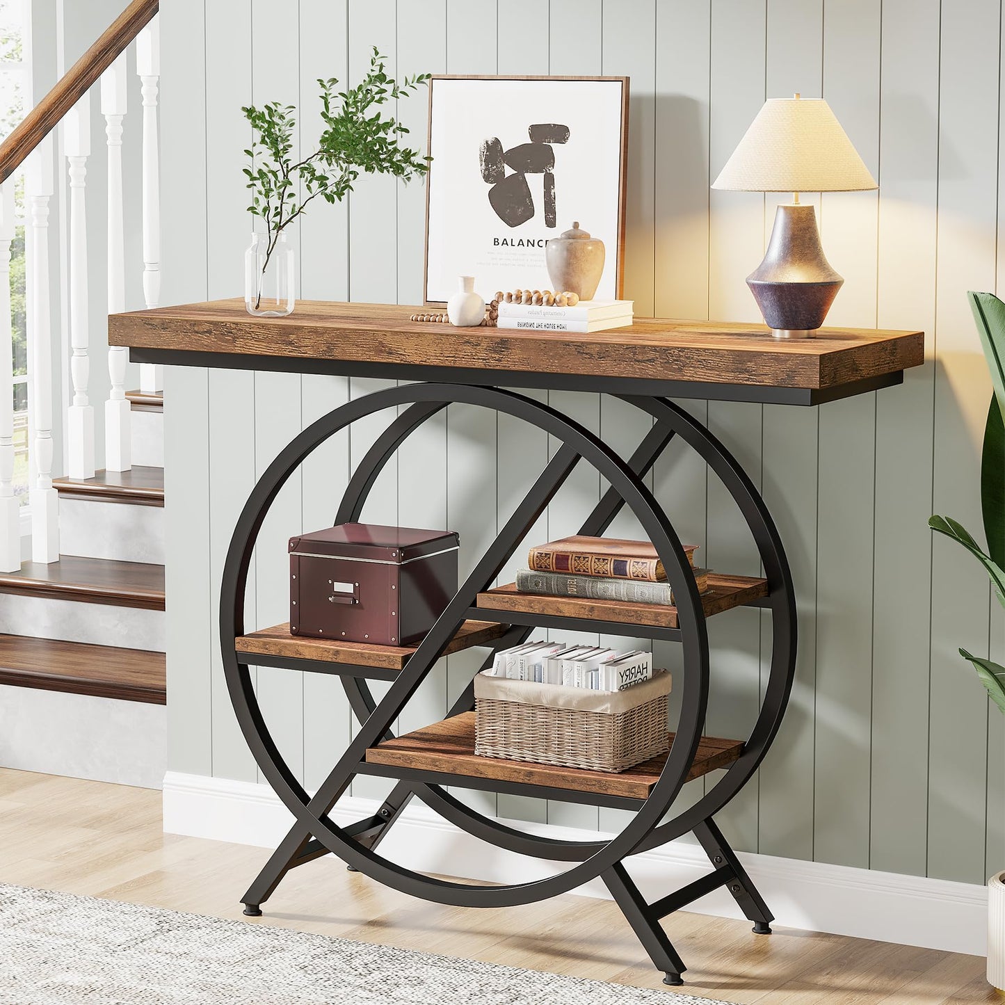 Tribesigns Console Table, 40-Inch Entryway Table with Storage Shelves, 4-Tier Industrial Hallway Sofa Table with Geometric Metal Frame, Accent Table for Living Room, Entryway, Rustic Brown
