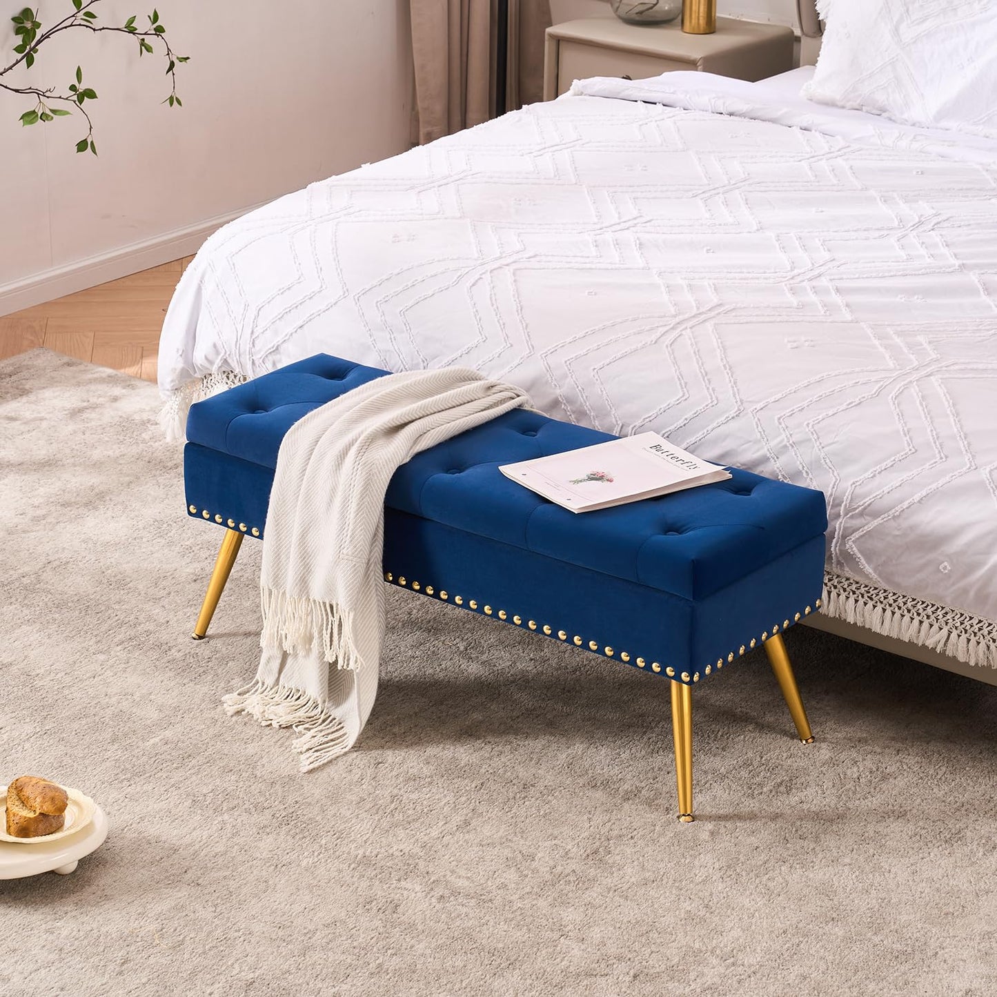 AIITTCC Velvet Storage Bench with Gold Legs& Nailhead Trim, 40" Wide Upholstered Modern Bedroom Bench for End of Bed, Tufted Ottoman for Entryway Living Room Dining Room (Navy Blue, 40" Wide)