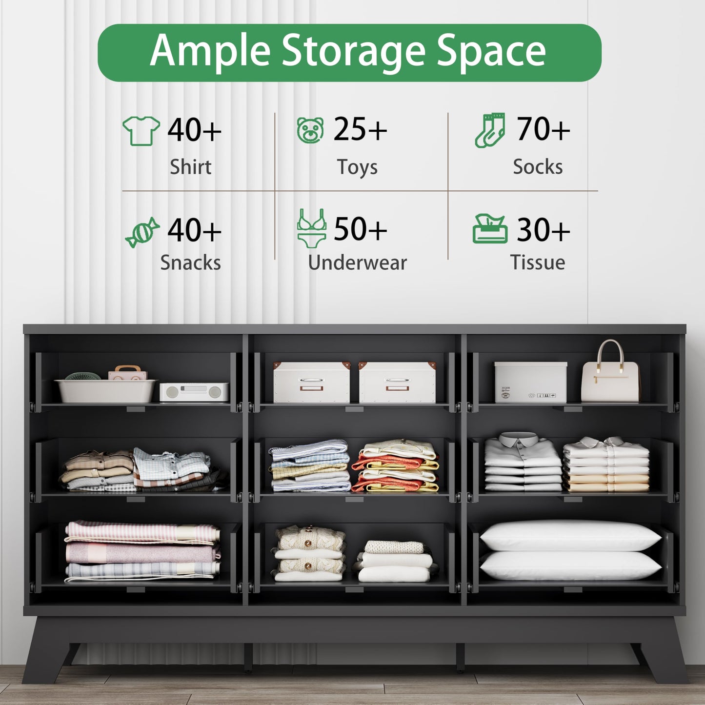 Fluted Dresser for Bedroom with 9 Drawers, 57" Wide Chest of Drawers with Metal Handle, Modern Wood Dresser TV Stand, Wooden Closet Clothes Storage Organizer for Living Room, Hallway, Black